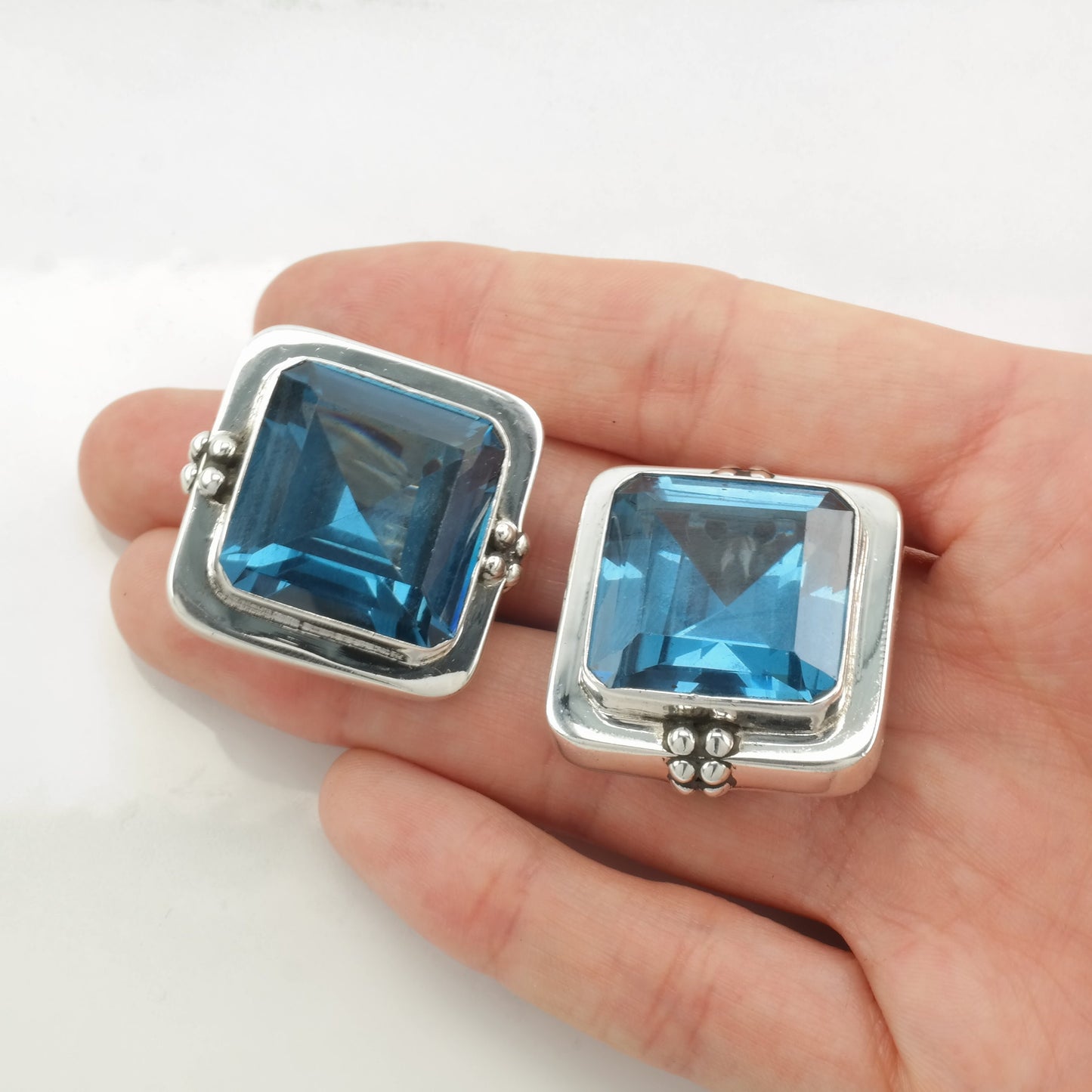 Modernist Sterling Silver Blue Large, Topaz Square Earrings Clip on
