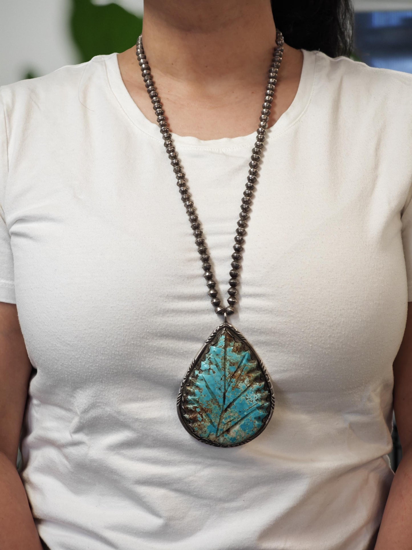 Native American Blue Royston, Beaded Necklace Sterling Silver