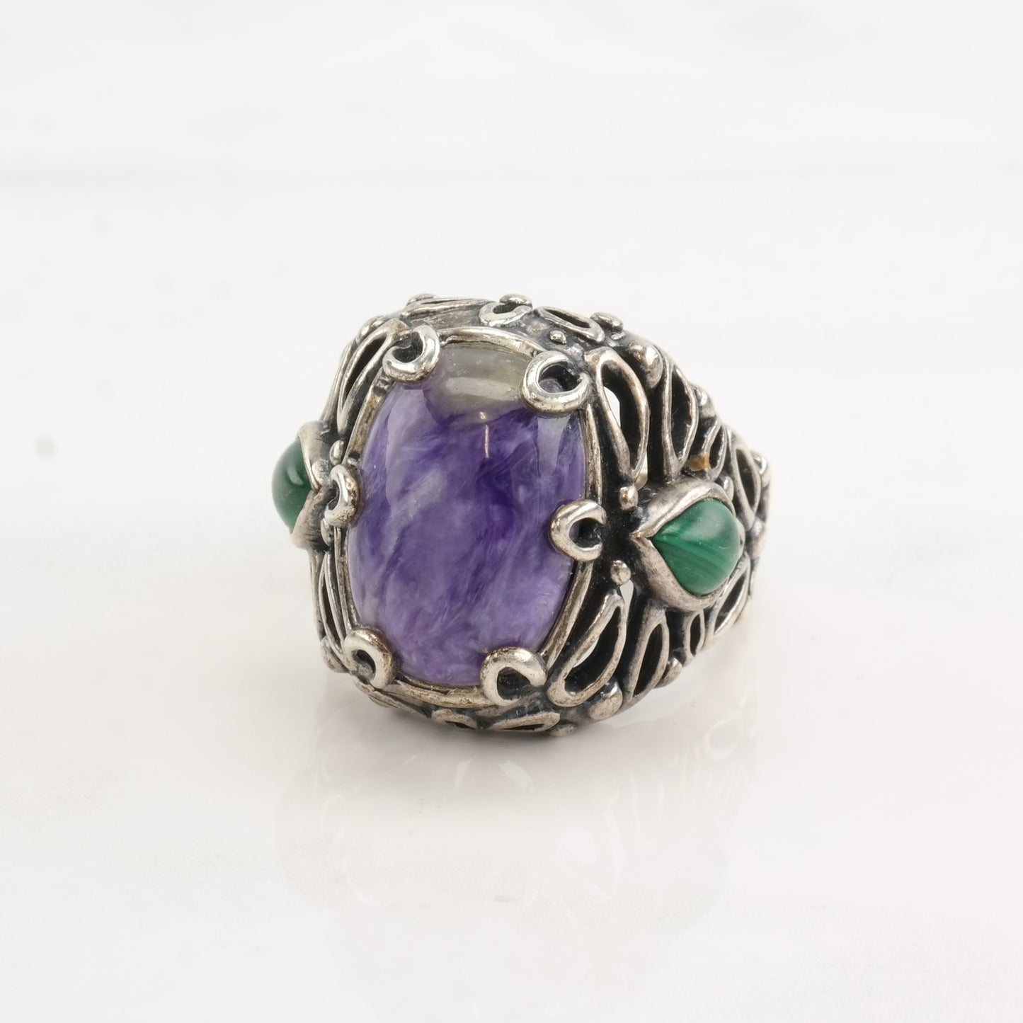 Vintage Carolyn Pollack Silver Ring Malachite Charoite Teardrop Sterling Size 8 1/2