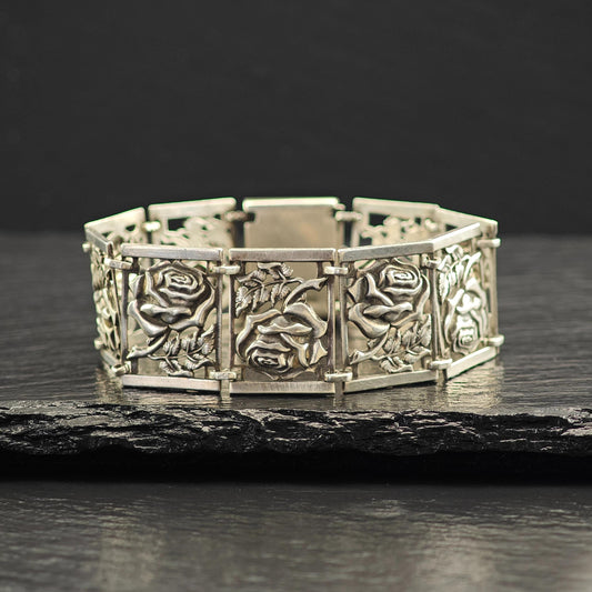 Art Nouveau Sterling Silver Rose Link Bracelet Vintage Elegance