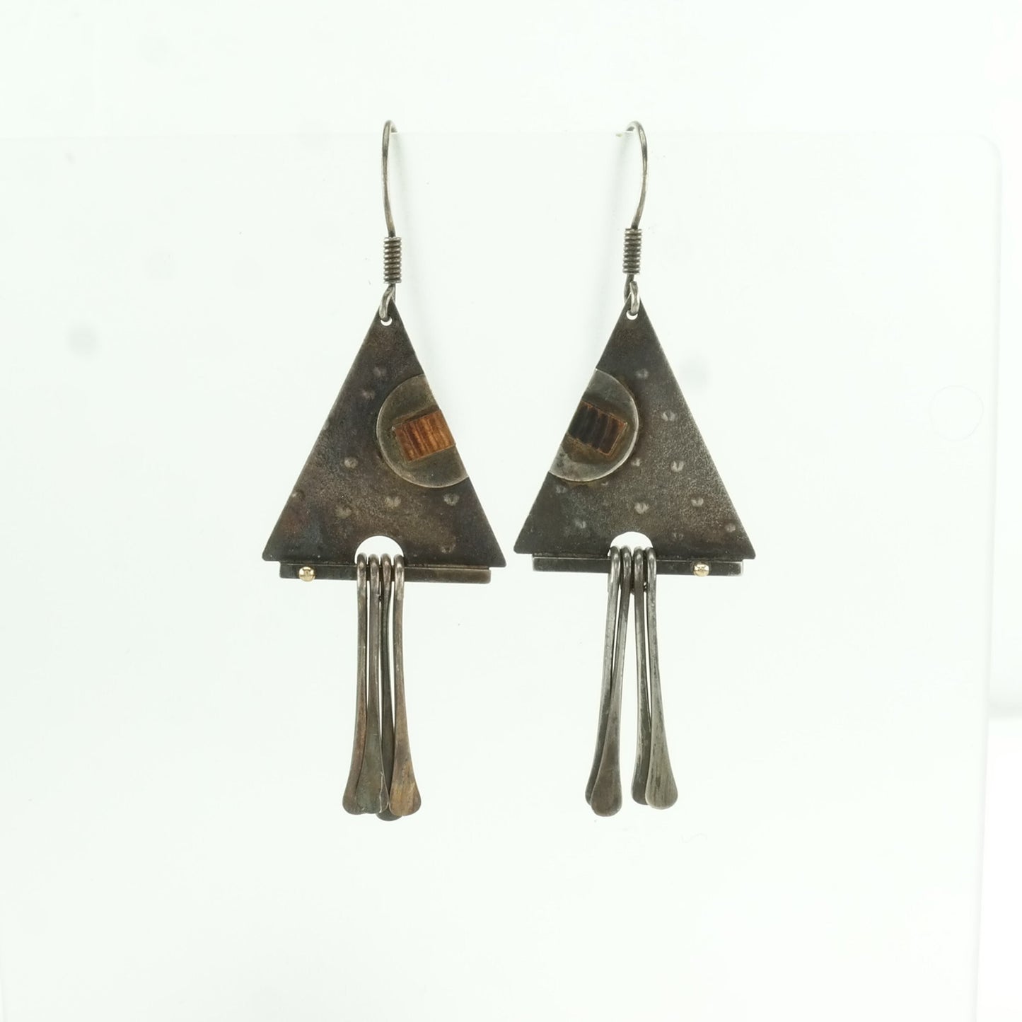 Vintage Sterling Silver Fish Hook/Dangle Earrings MCM, Modernist Abstract Triangular, Copper Inlay