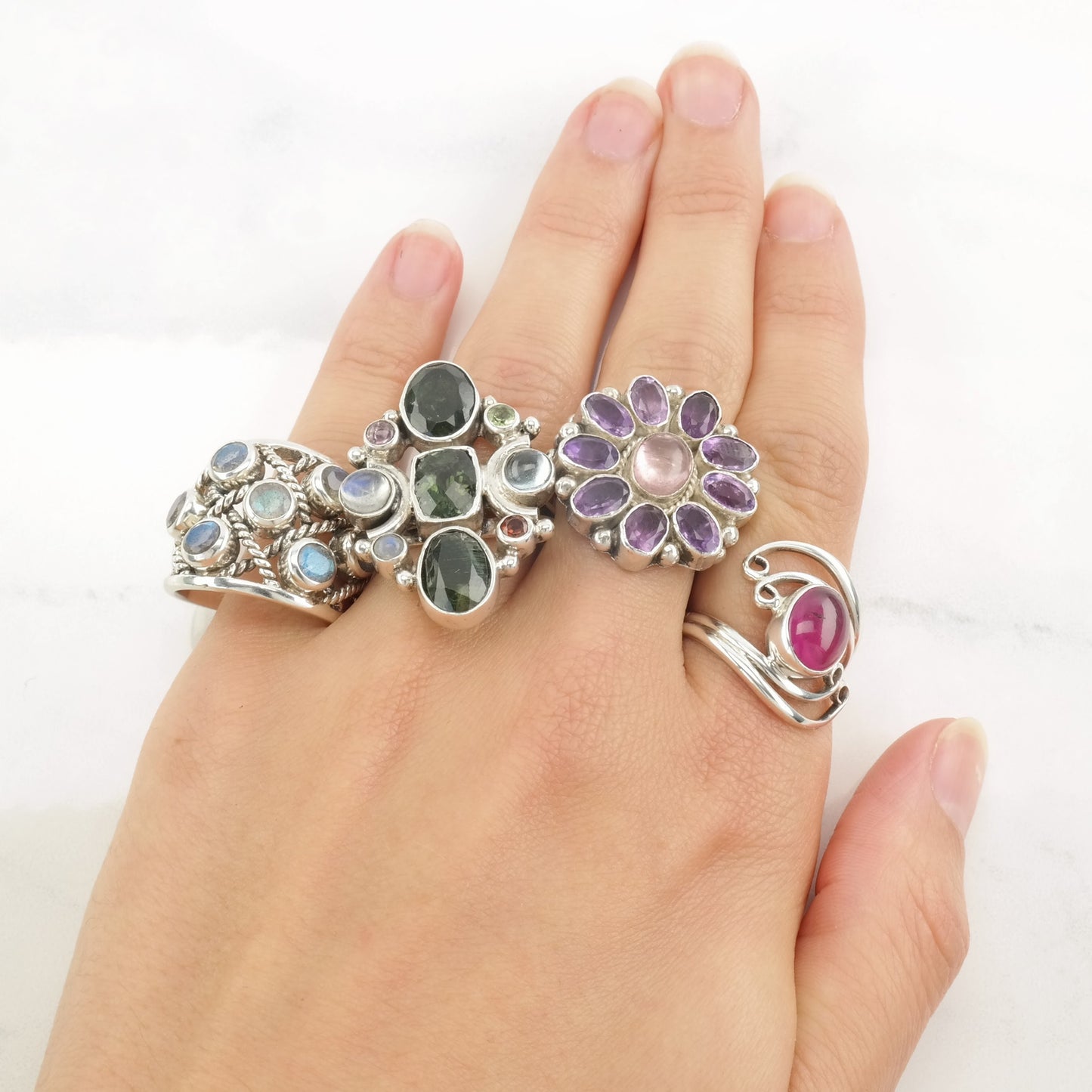 Vintage Sterling Silver Ring Amethyst, Rose Quartz Size 4 3/4