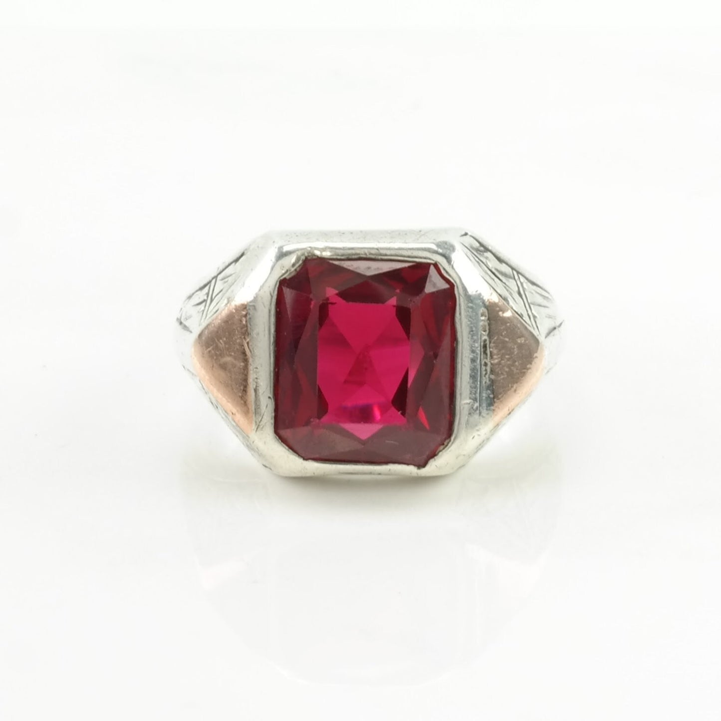 Art Deco Sterling Silver Ring Created Ruby Gold Accent Hand Engraved