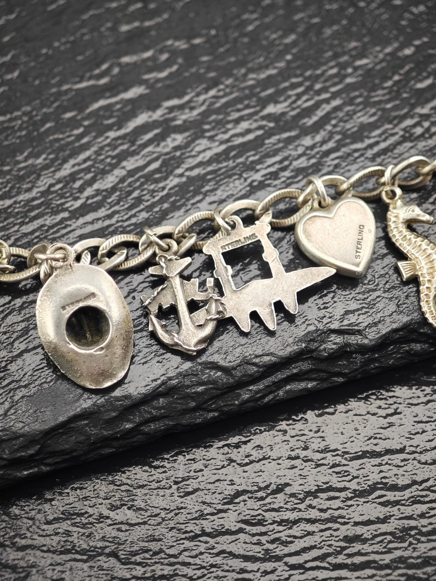 1930's WWII USN, Enamel Heart Charm, Bracelet Sterling Silver