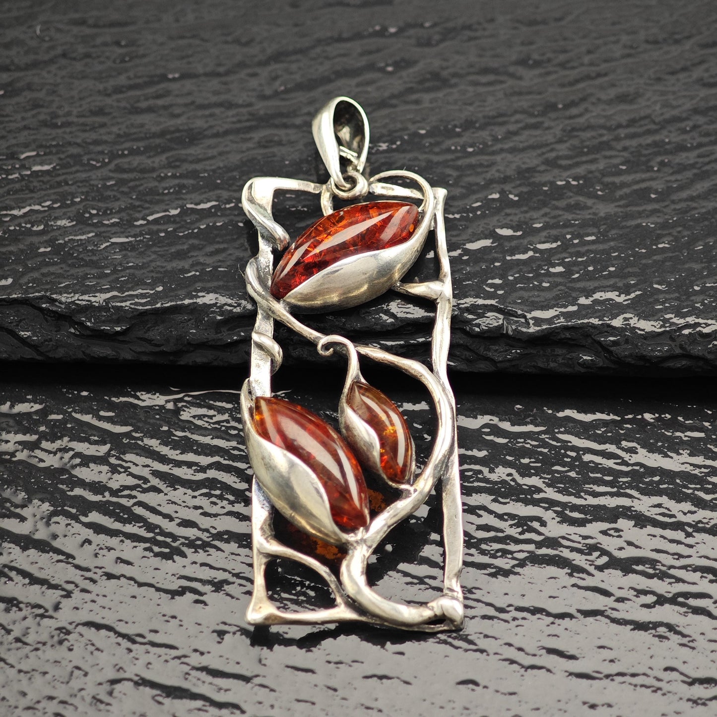 Art Nouveau Style Amber, Floral Pendant Sterling Silver