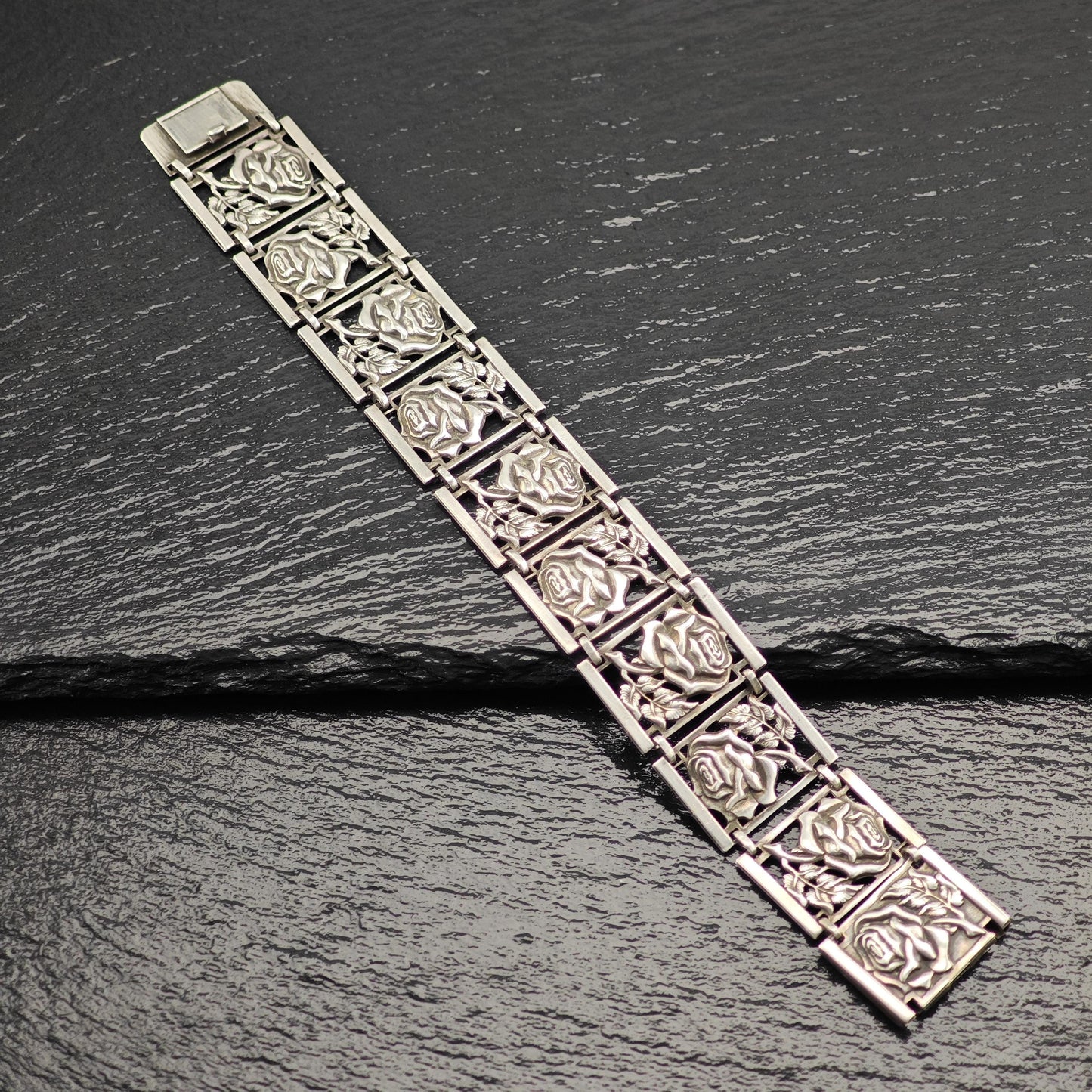Art Nouveau Sterling Silver Rose Link Bracelet Vintage Elegance