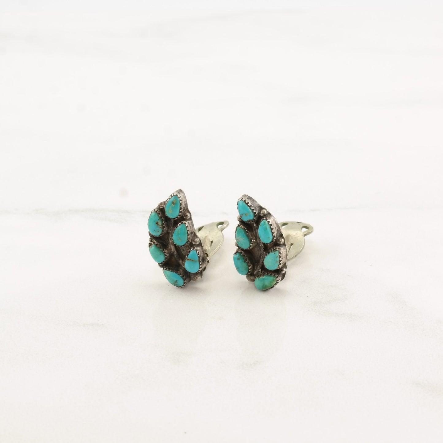 Native American Sterling Silver Turquoise Zuni Leaf Earrings Clip On