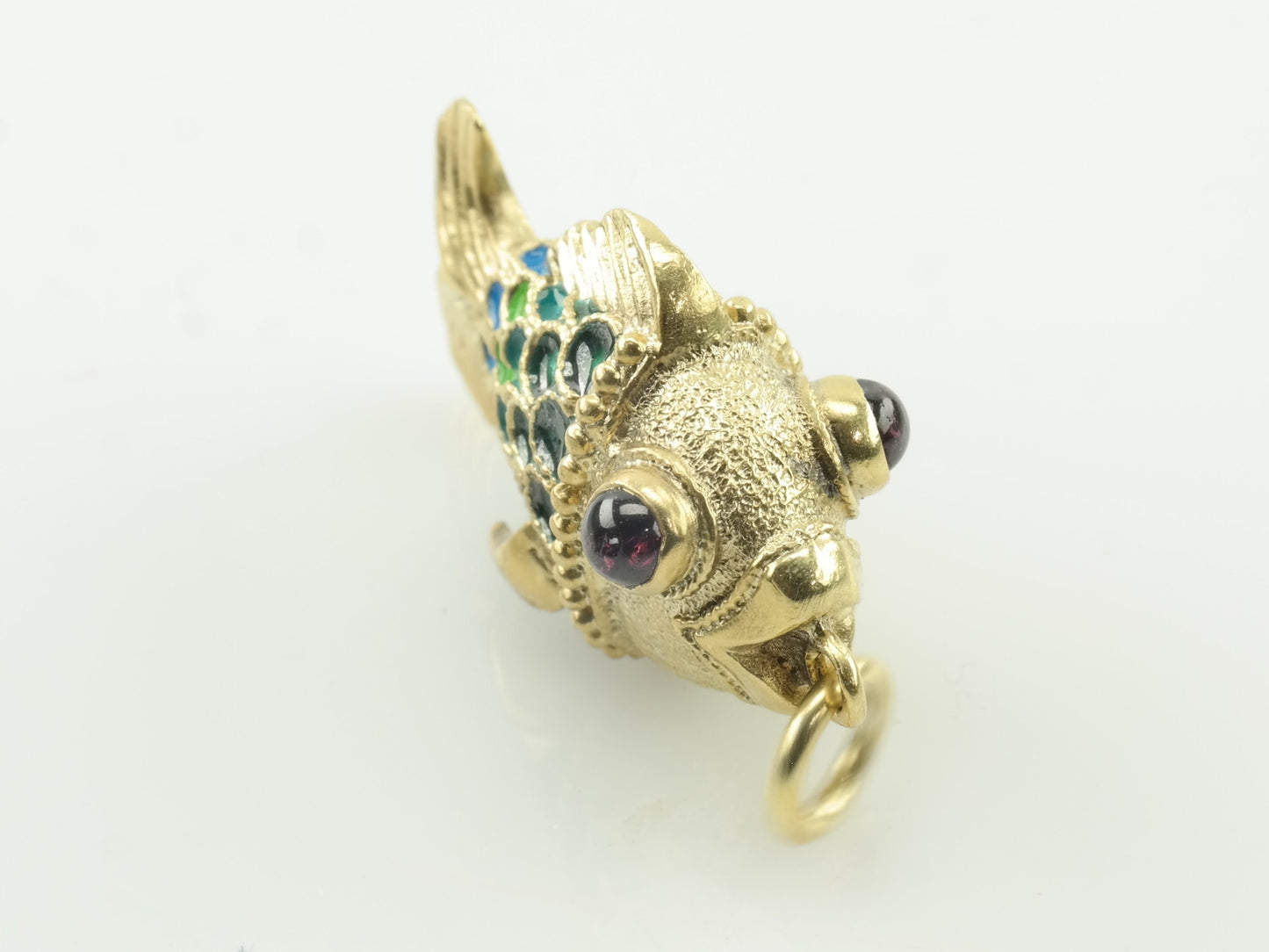 Vintage Enamel Garnet Faberge Style Fish Sterling Silver Pendant