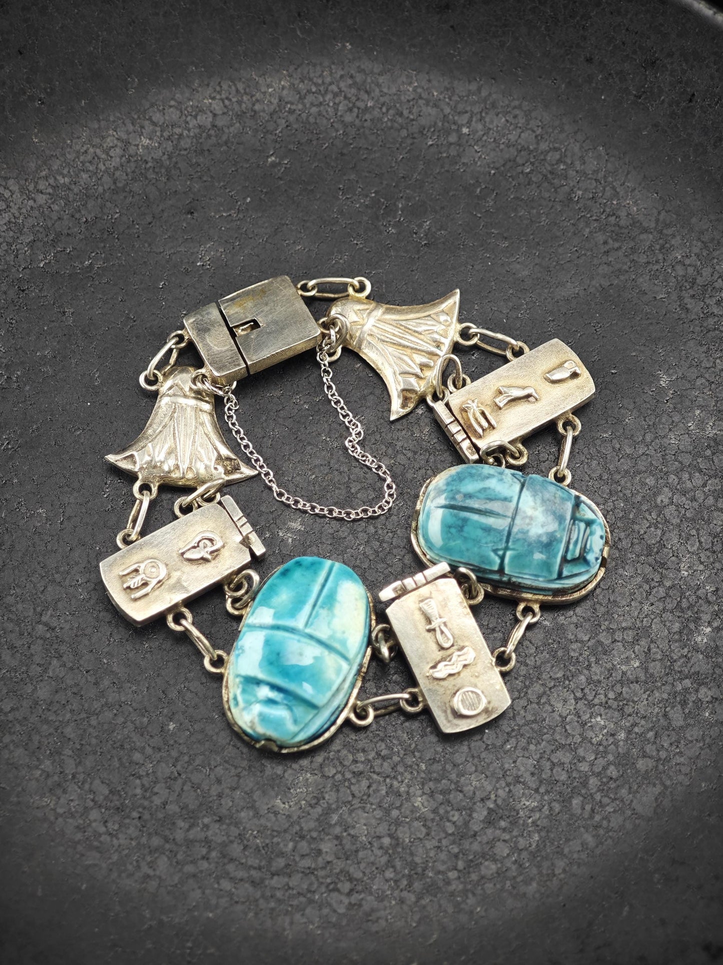 Egyptian Revival Cartouche & Carved Scarab Bracelet Sterling Silver