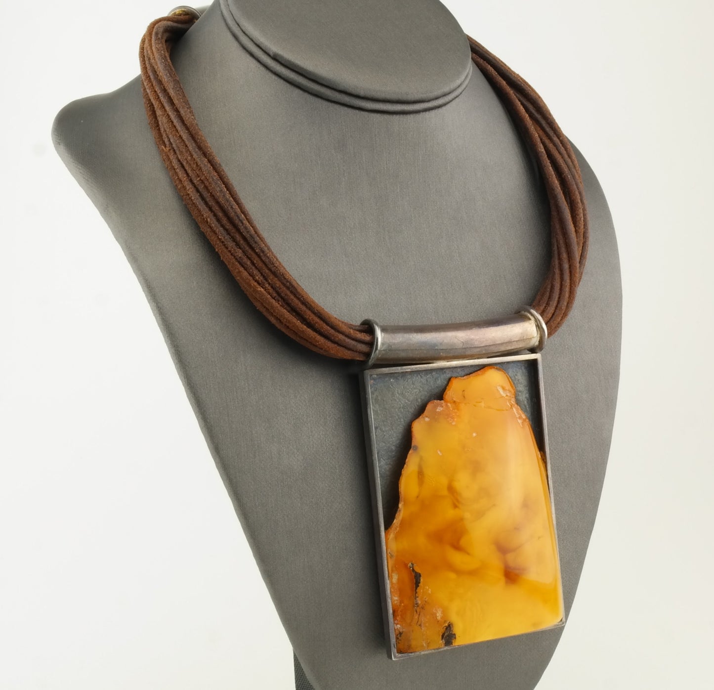 Modernist Amber, Leather and Sterling Silver Necklace