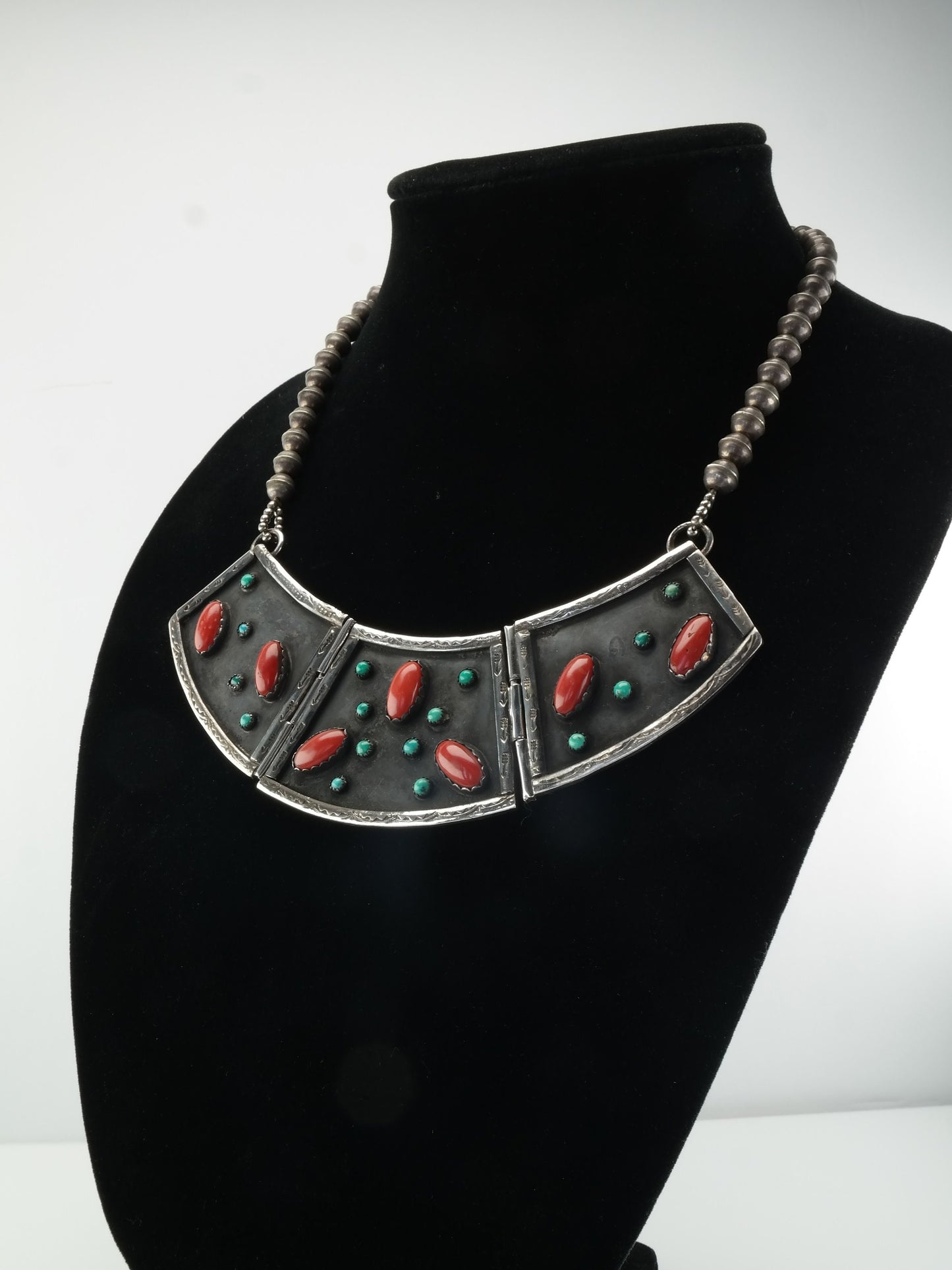 Native American Sterling Silver Turquoise Coral Plaque Cluster Necklace