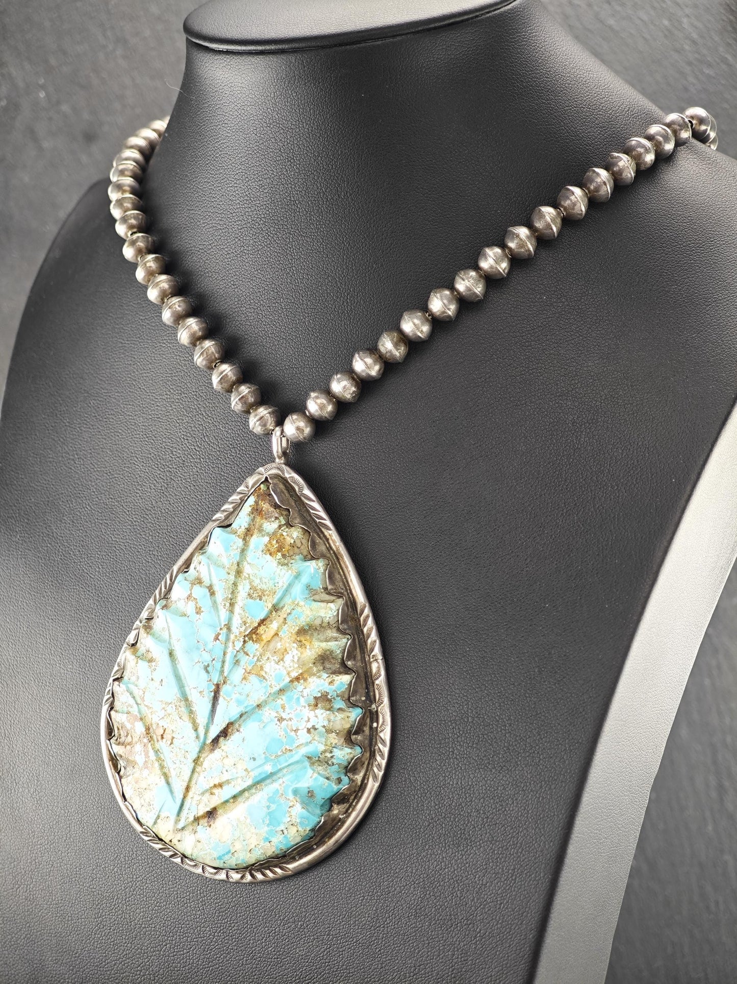 Native American Blue Royston, Beaded Necklace Sterling Silver