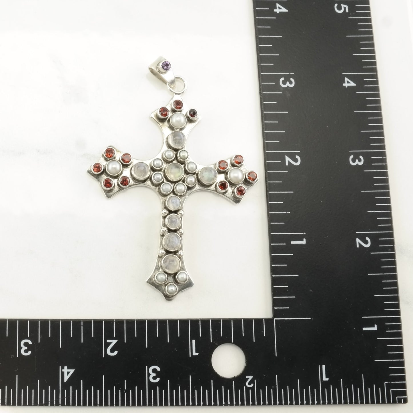 Vintage Nicky Butler Moonstone, Pearl, Garnet Cross Sterling Silver Pendant