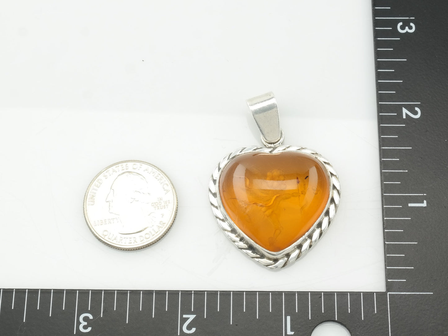 Vintage Amber Heart Intaglio Cupid Sterling Silver Pendant Orange