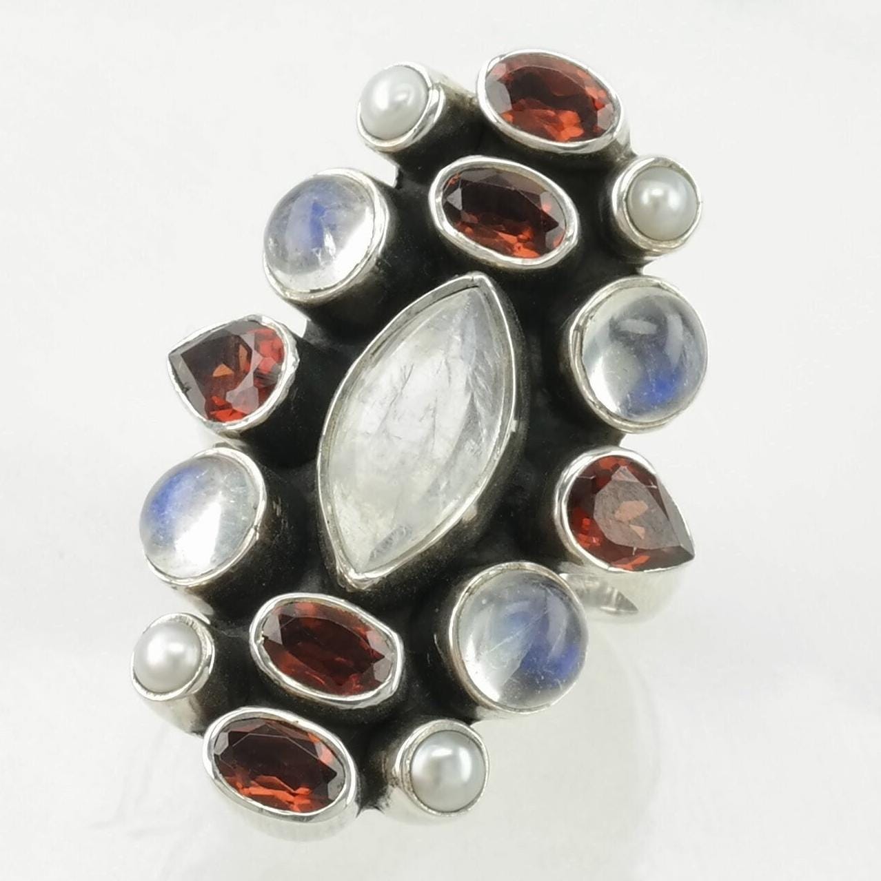Vintage Nicky Butler Silver Ring Moonstone, Garnet Cluster Sterling Size 7 1/4