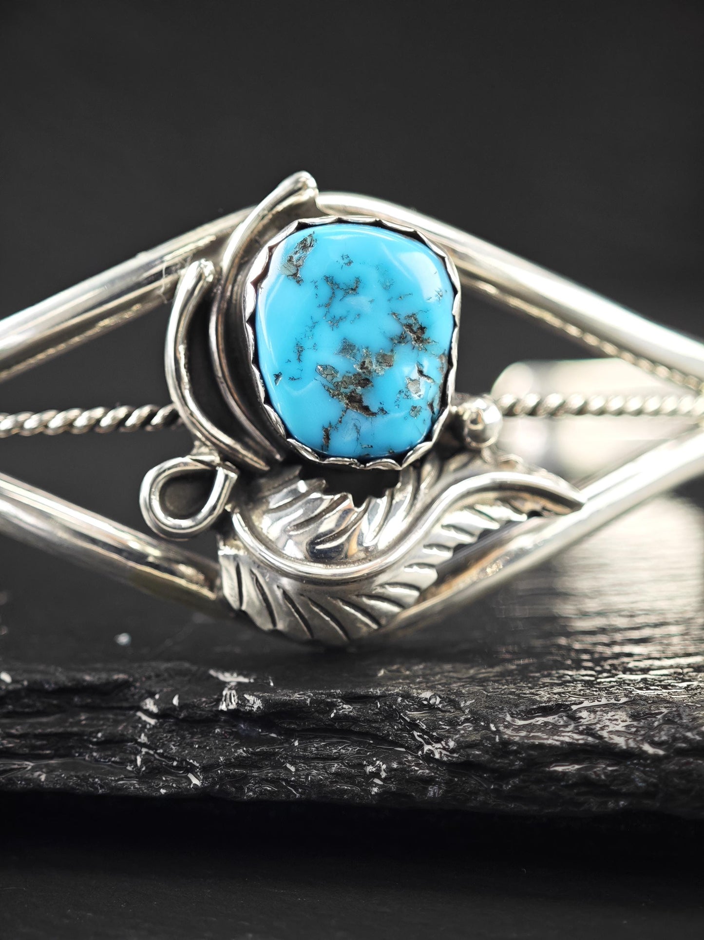 Native American, Turquoise, Floral Cuff Bracelet Sterling Silver