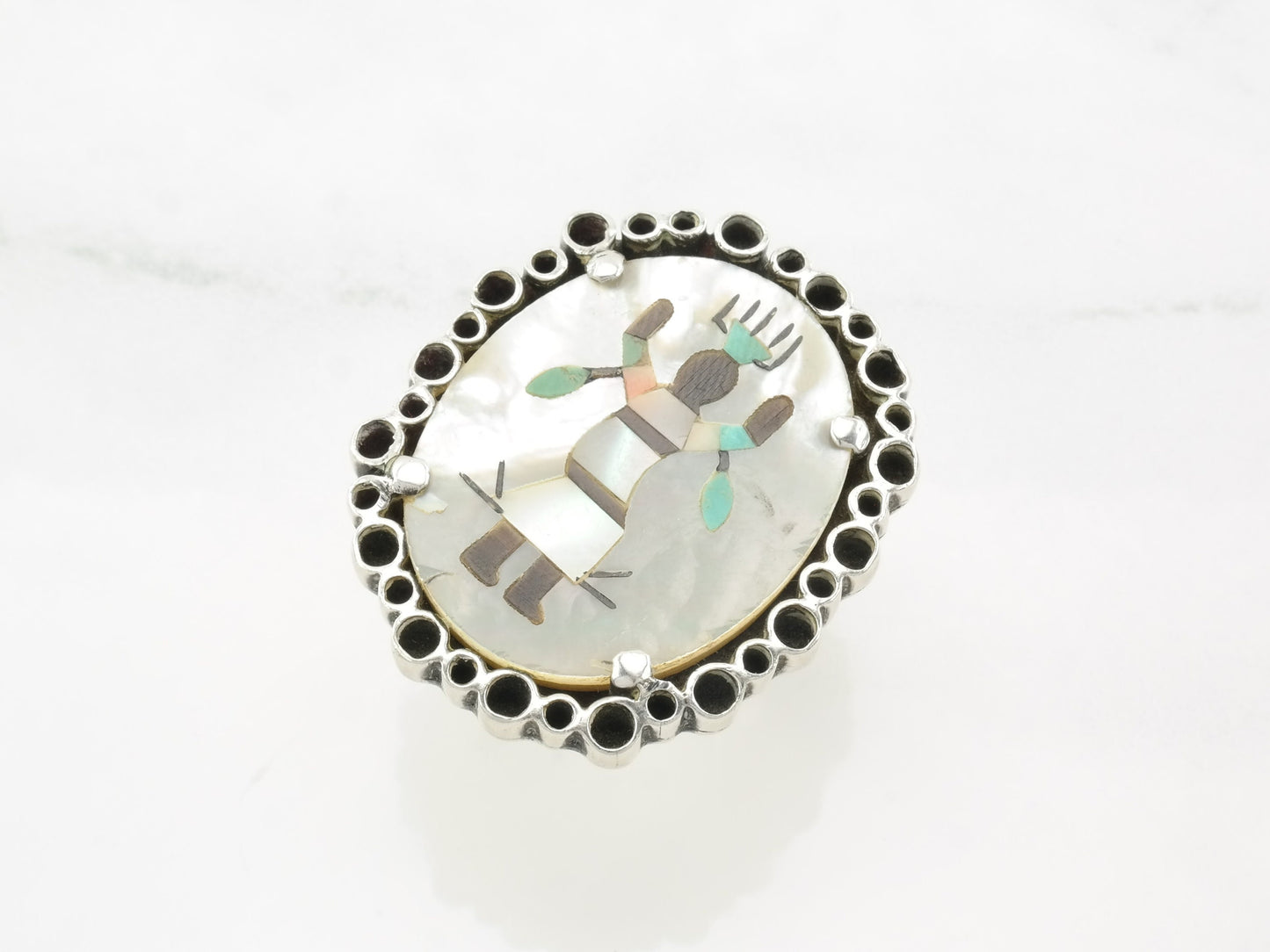 Vintage Sterling Silver Ring MOP Inlay Kachina, Dancer Size 7 3/4