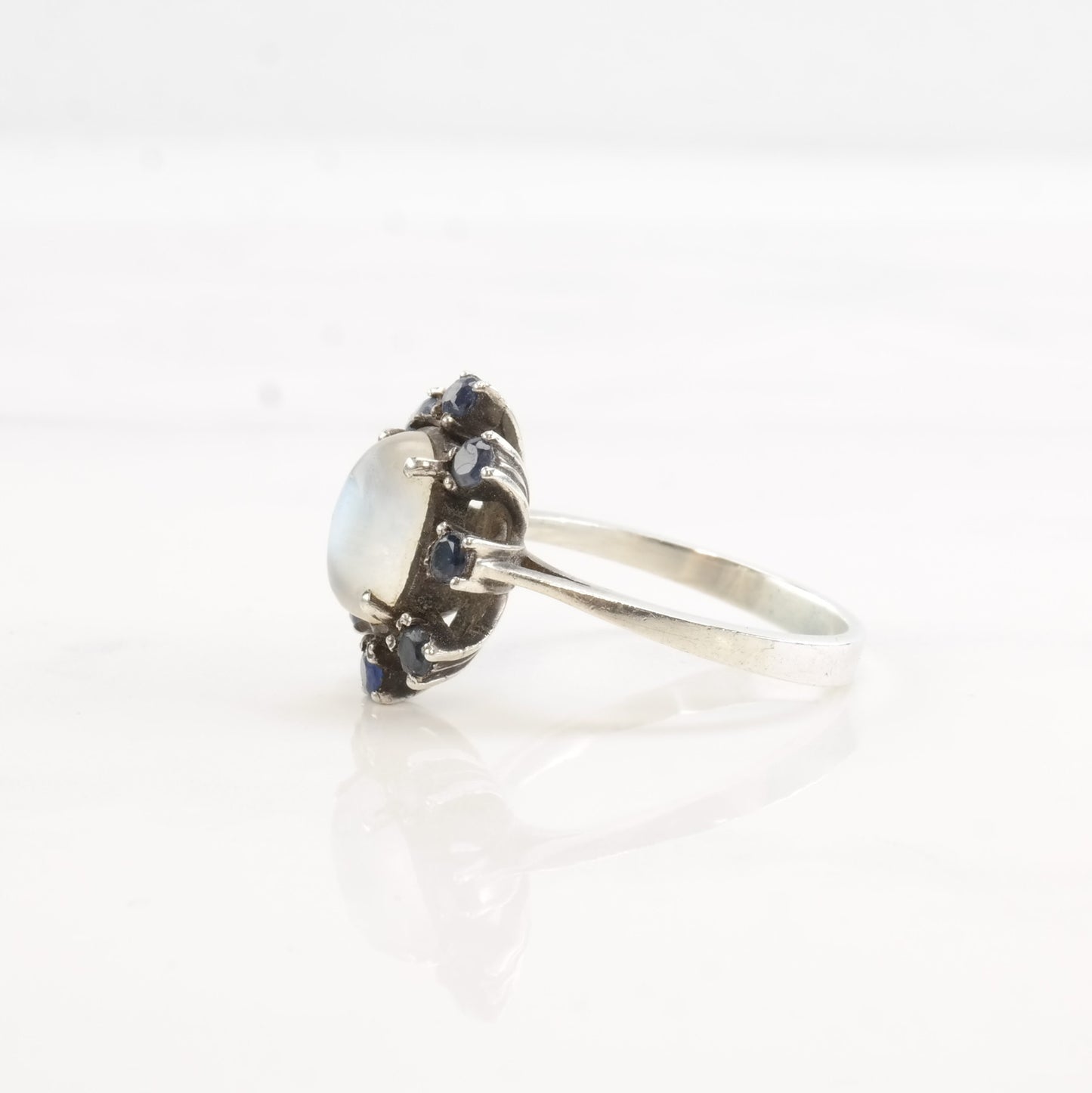 Vintage Mid Century Silver Ring Moonstone Sapphire Flower Sterling Size 7 1/4
