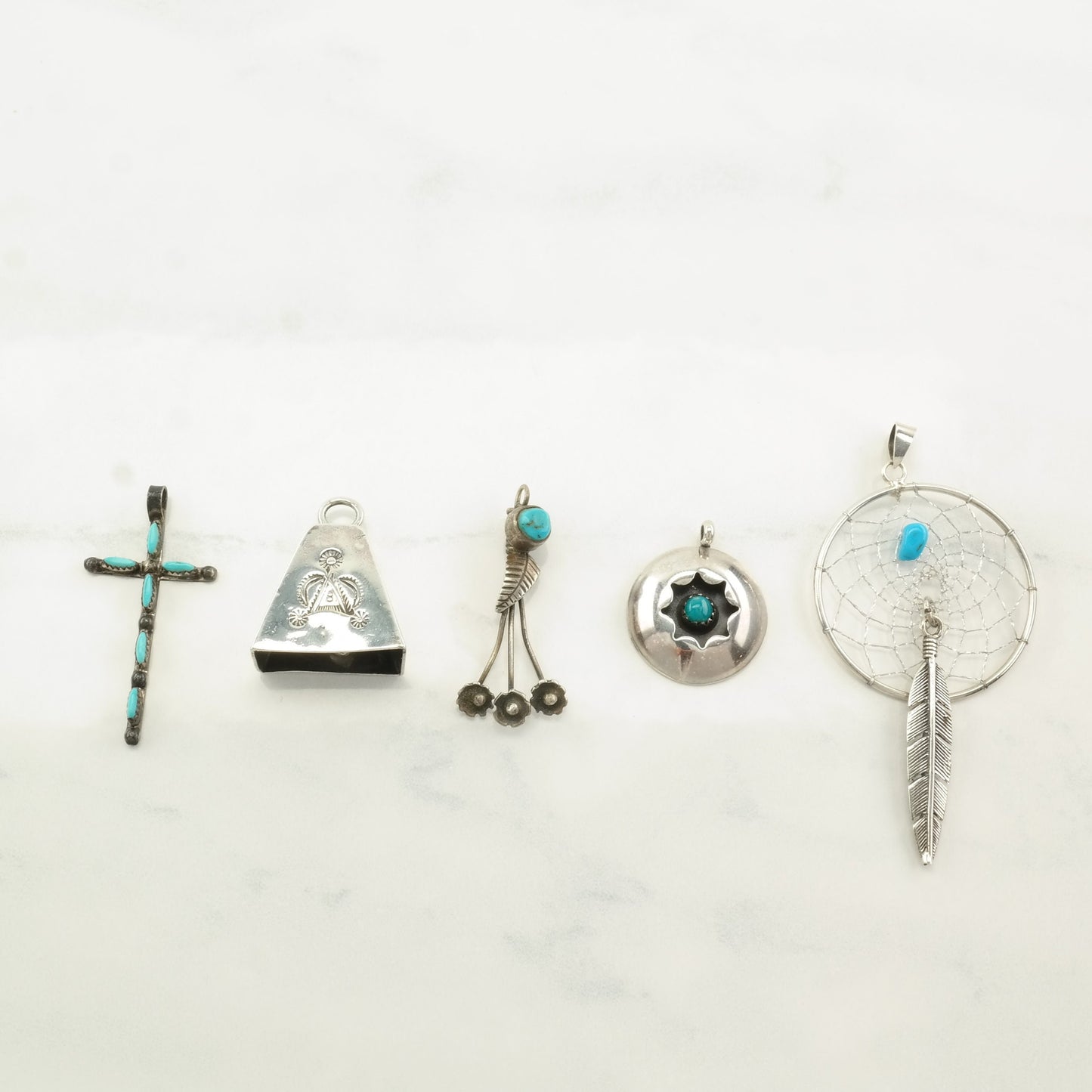 Vintage Pendant Choice Turquoise, Cross, Bell, Floral, Shadowbox, Dreamcatcher Sterling Silver