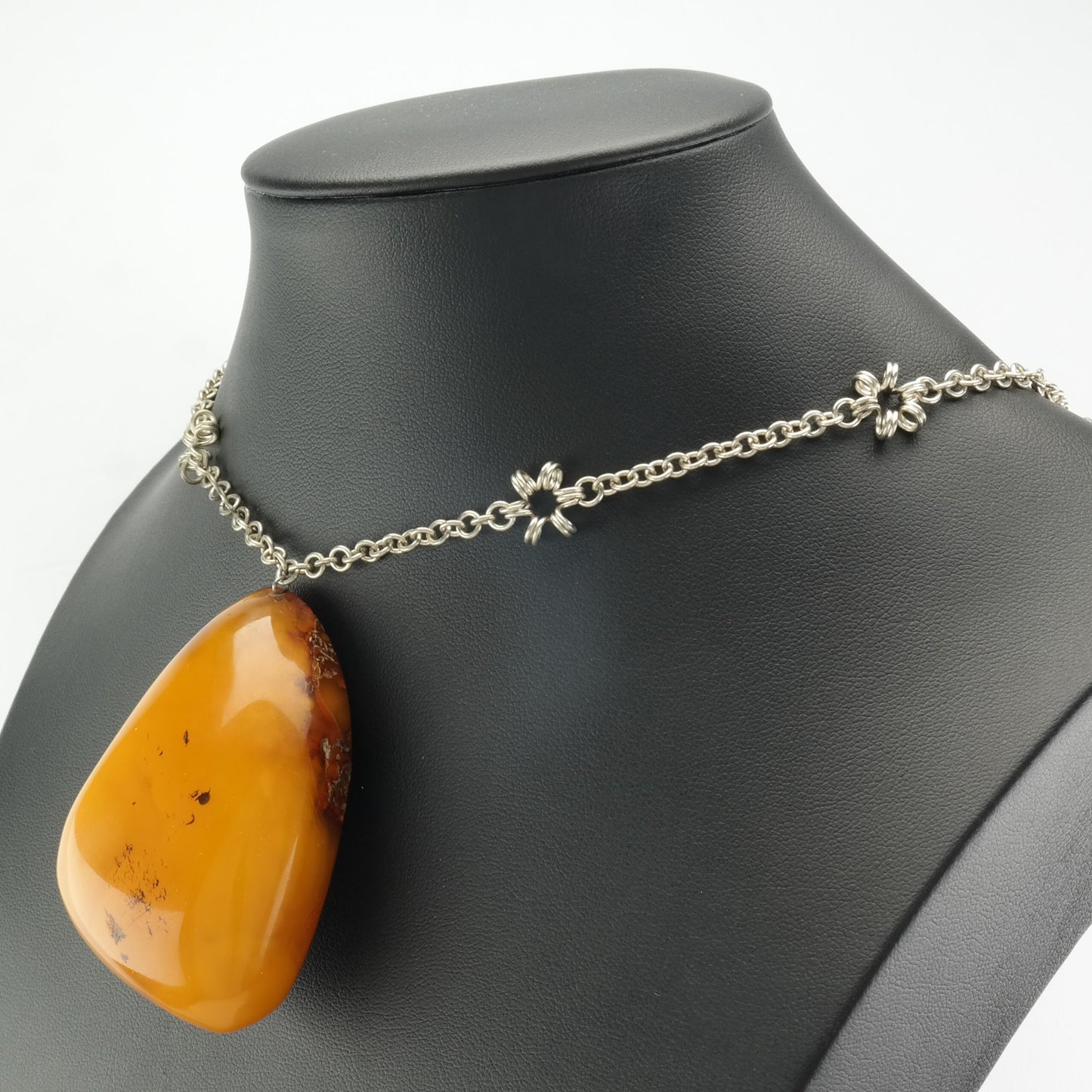 Large Amber Butterscotch Chain Necklace Silverplate