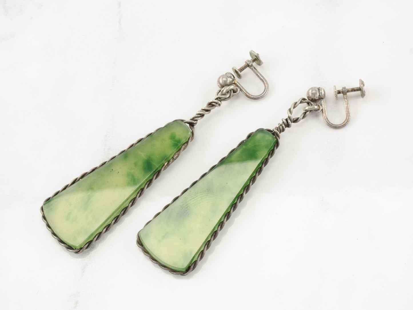 Vintage Green Jade Earrings | Sterling Silver Dangle Earrings | Art Deco Style | 1940s