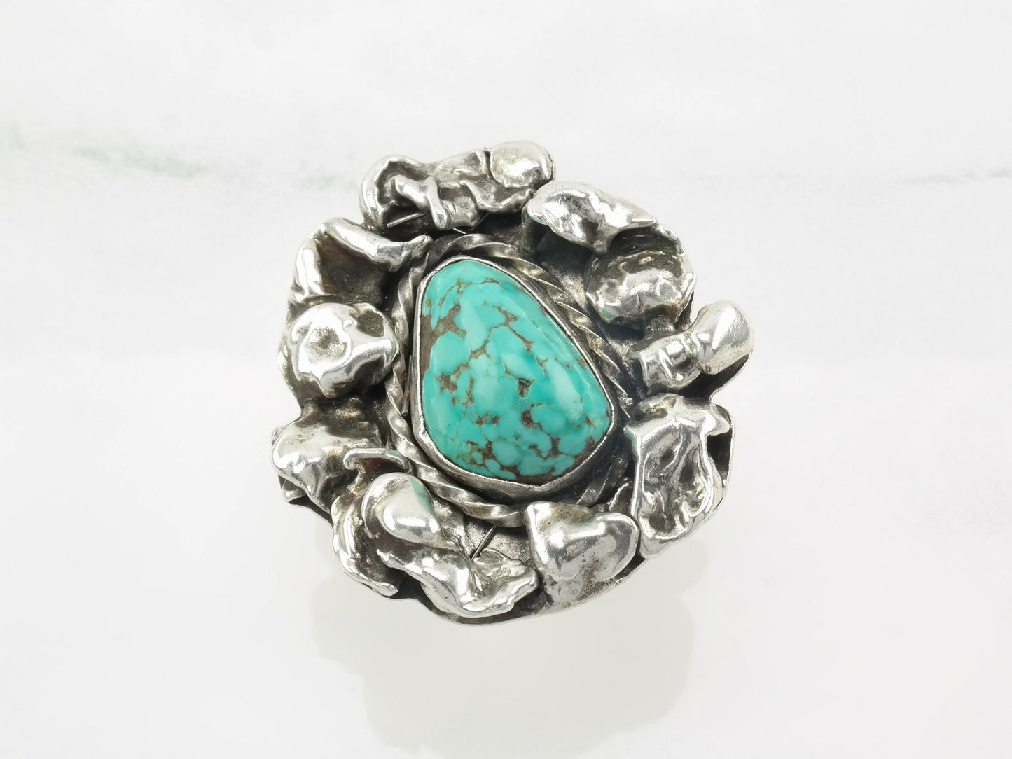 Vintage Southwest Silver Ring Turquoise Brutalist Style Sterling Size 8 1/2