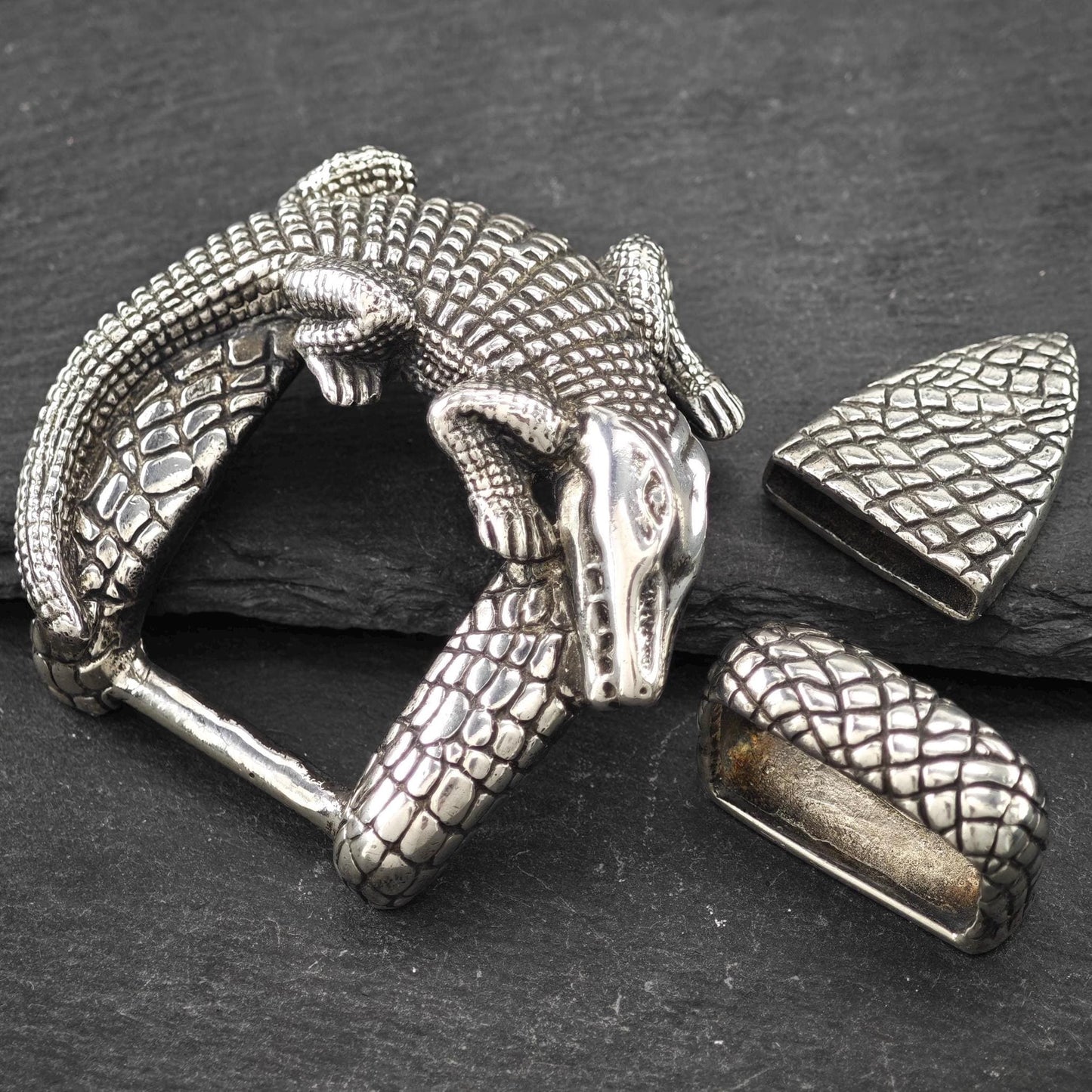 Vintage Jeff Deegan Alligator Belt Buckle Set Sterling Silver