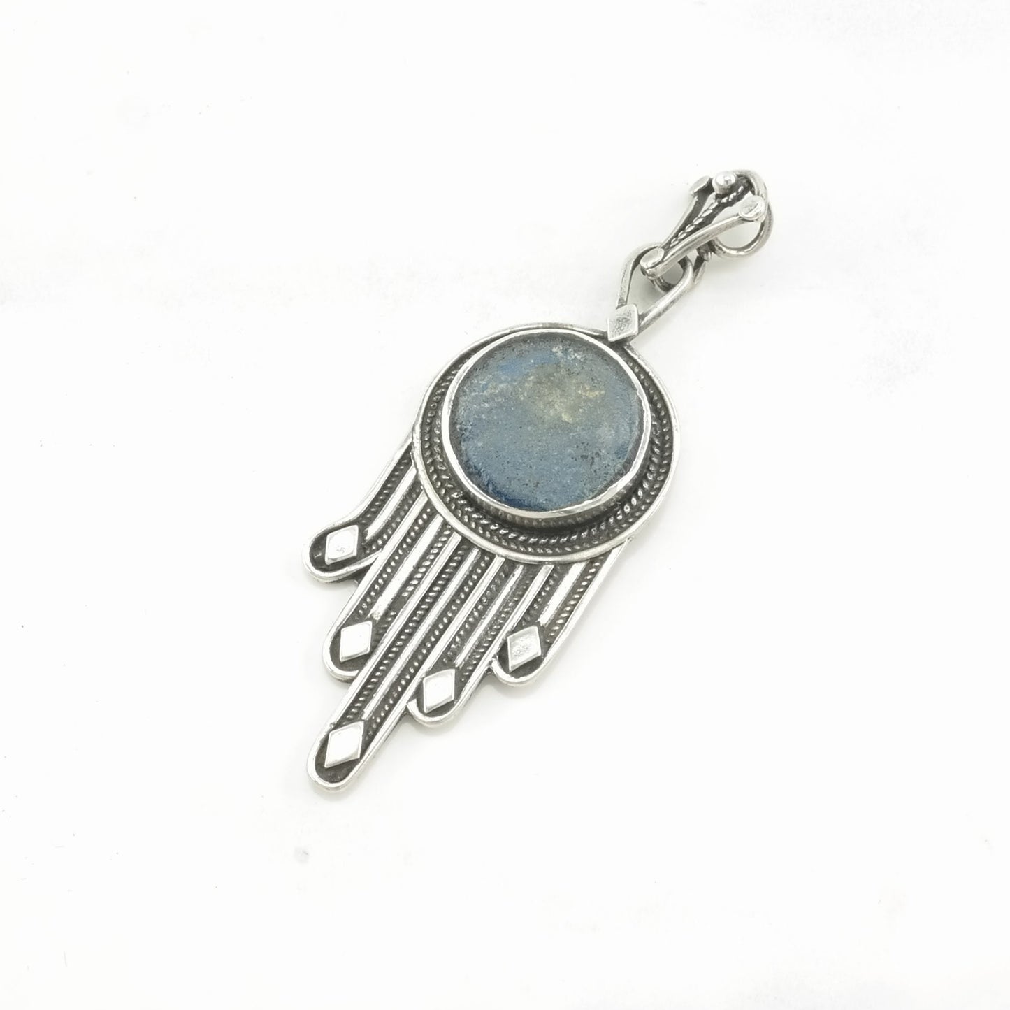 Vintage Sea Glass Hamsa Sterling Silver Pendant