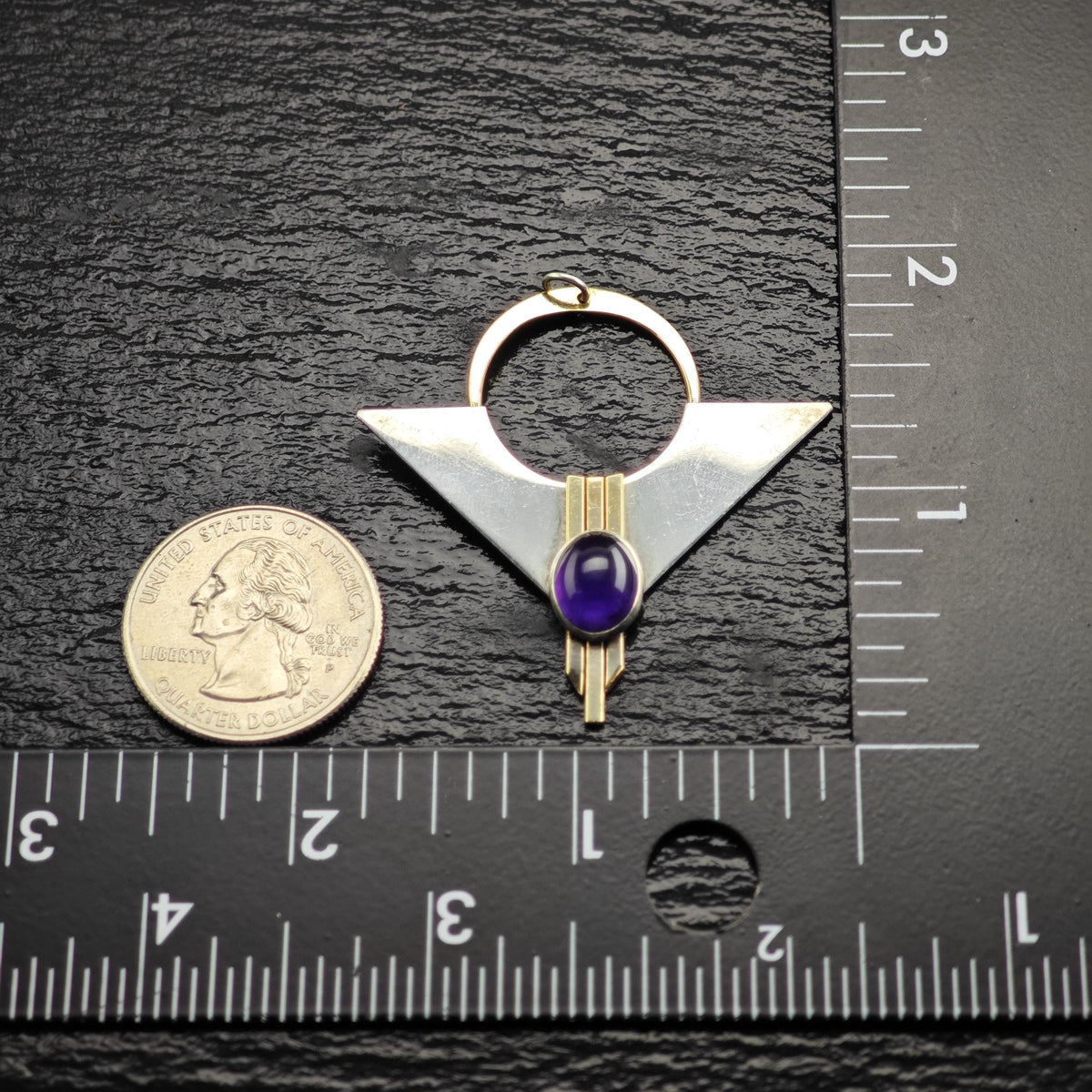 Modernist Amethyst Gold Accent Triangular Sterling Silver Pendant P3119