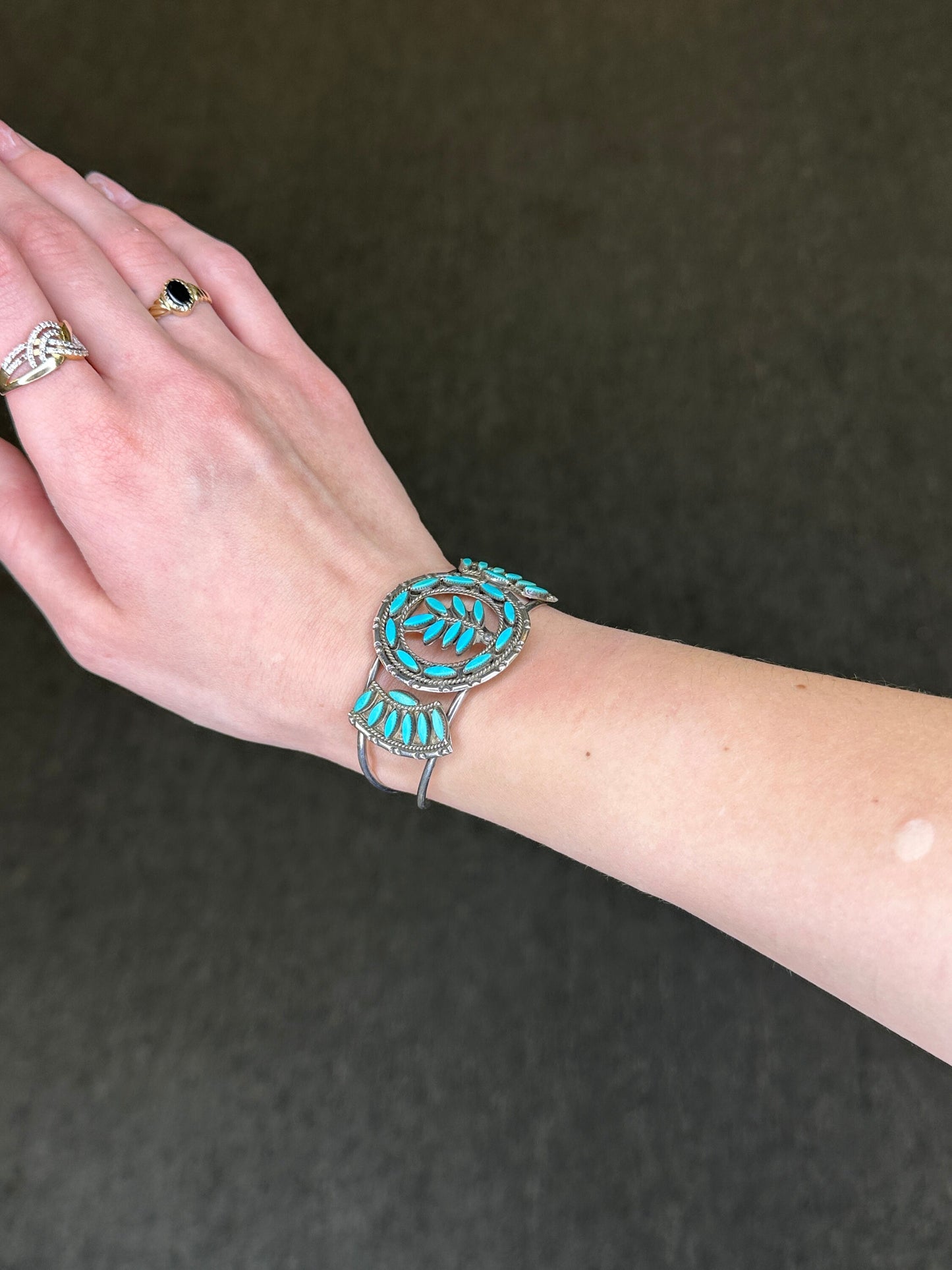 Native American Sterling Silver Turquoise Leaf Cluster Needle Point Cuff Bracelet