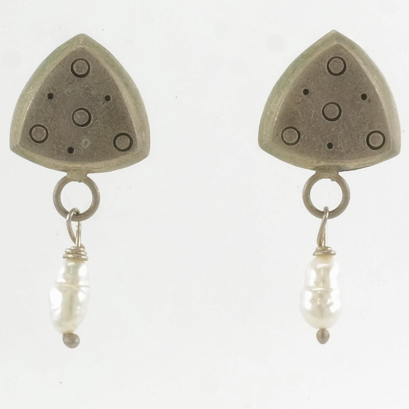 Modernist Sterling Silver Pearl Triangular Earrings Stud, dangle