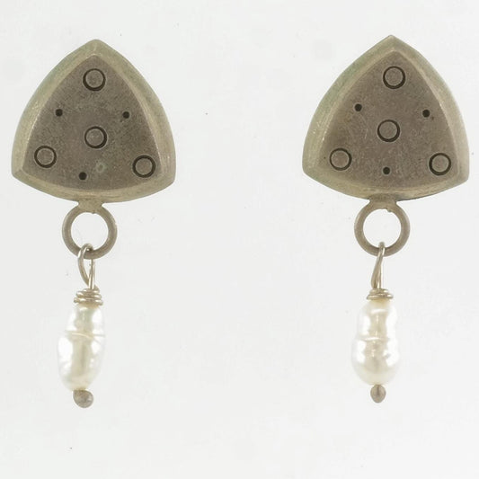 Modernist Sterling Silver Pearl Triangular Earrings Stud, dangle