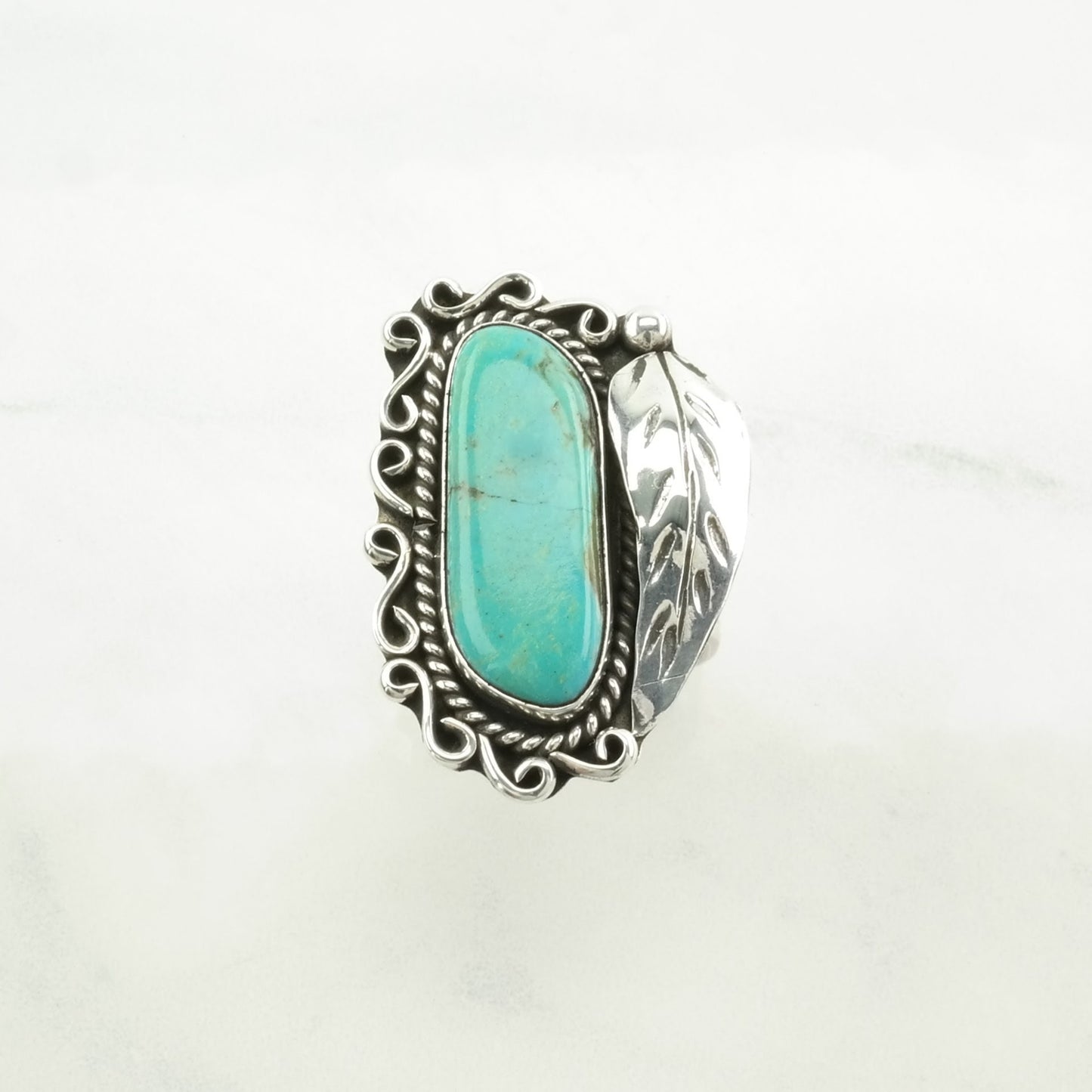 Vintage Native American Silver Ring Turquoise Leaf Sterling Blue Size 7