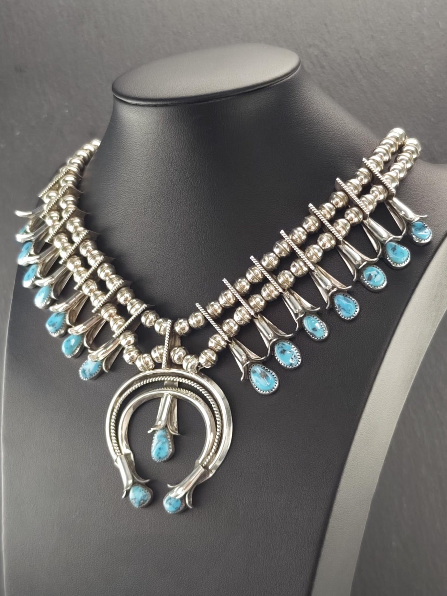 Navajo, Native American Turquoise Squash Blossom Necklace Sterling Silver