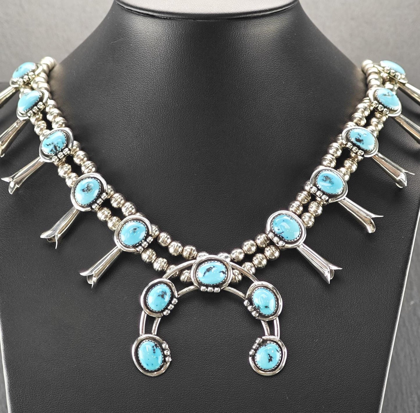 Vintage Native American Sterling Silver, Sleeping Beauty Squash Blossom Necklace