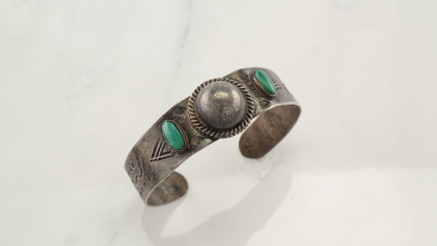 Fred Harvey Era Sterling Silver Cuff Bracelet Green Turquoise
