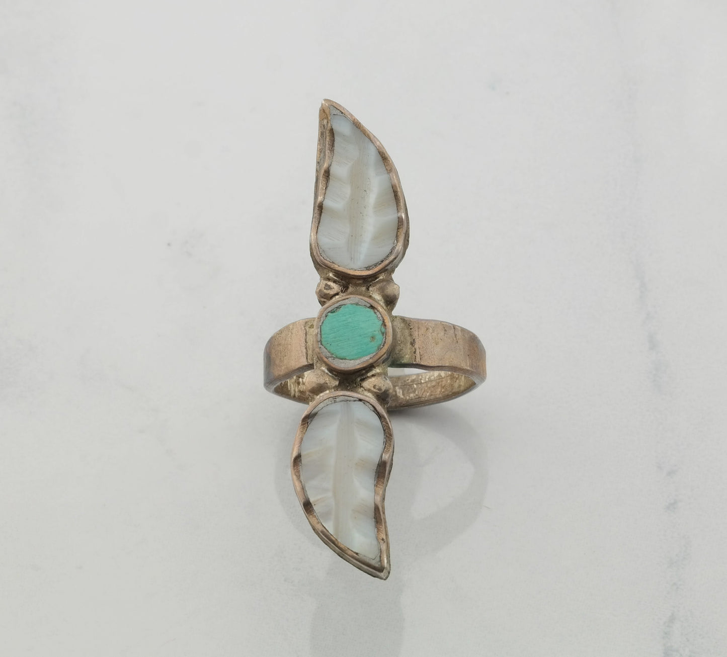 Native American Silver Ring Turquoise, MOP Carved Leaf Sterling Size 7