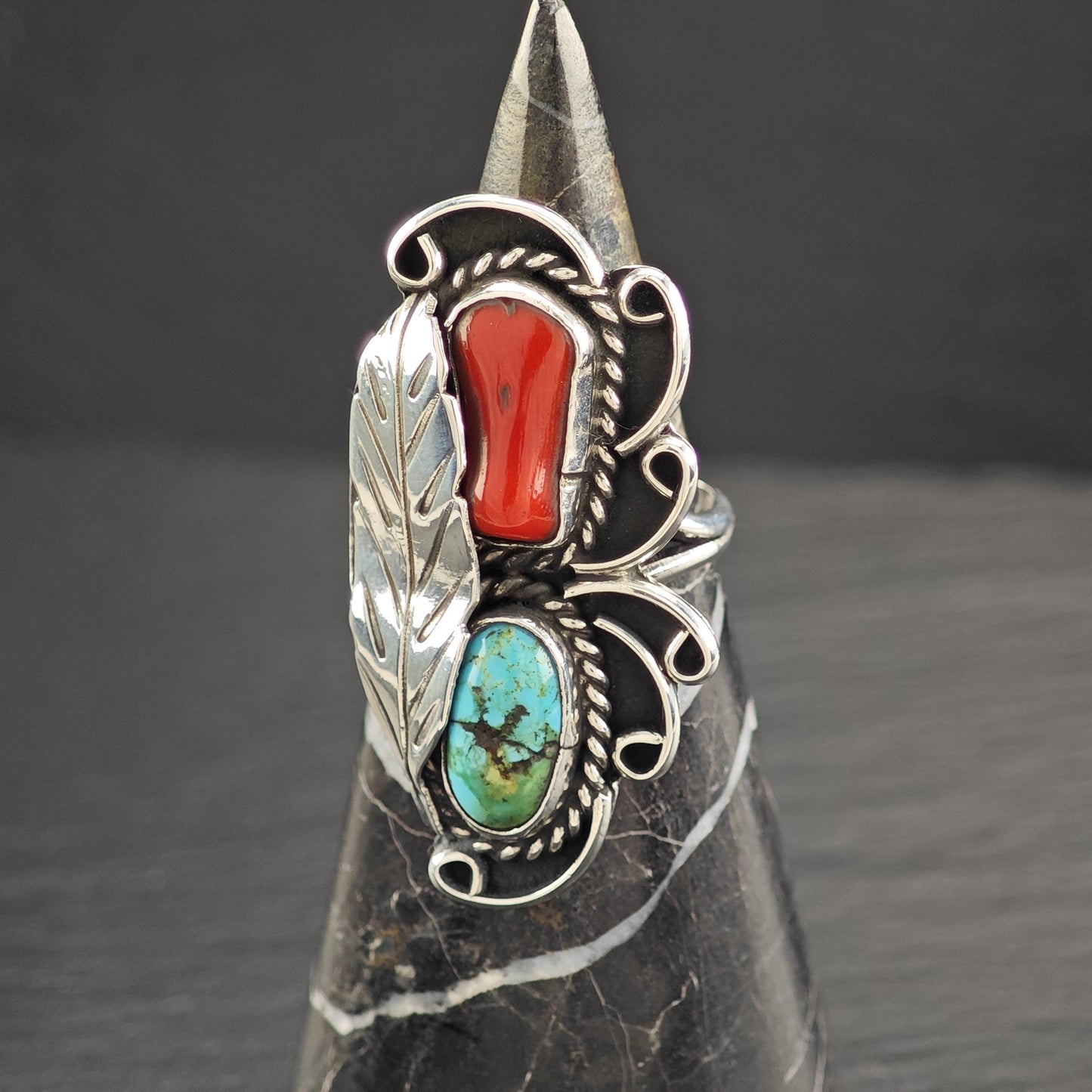Turquoise Coral Ring Sterling Silver Native American R5826