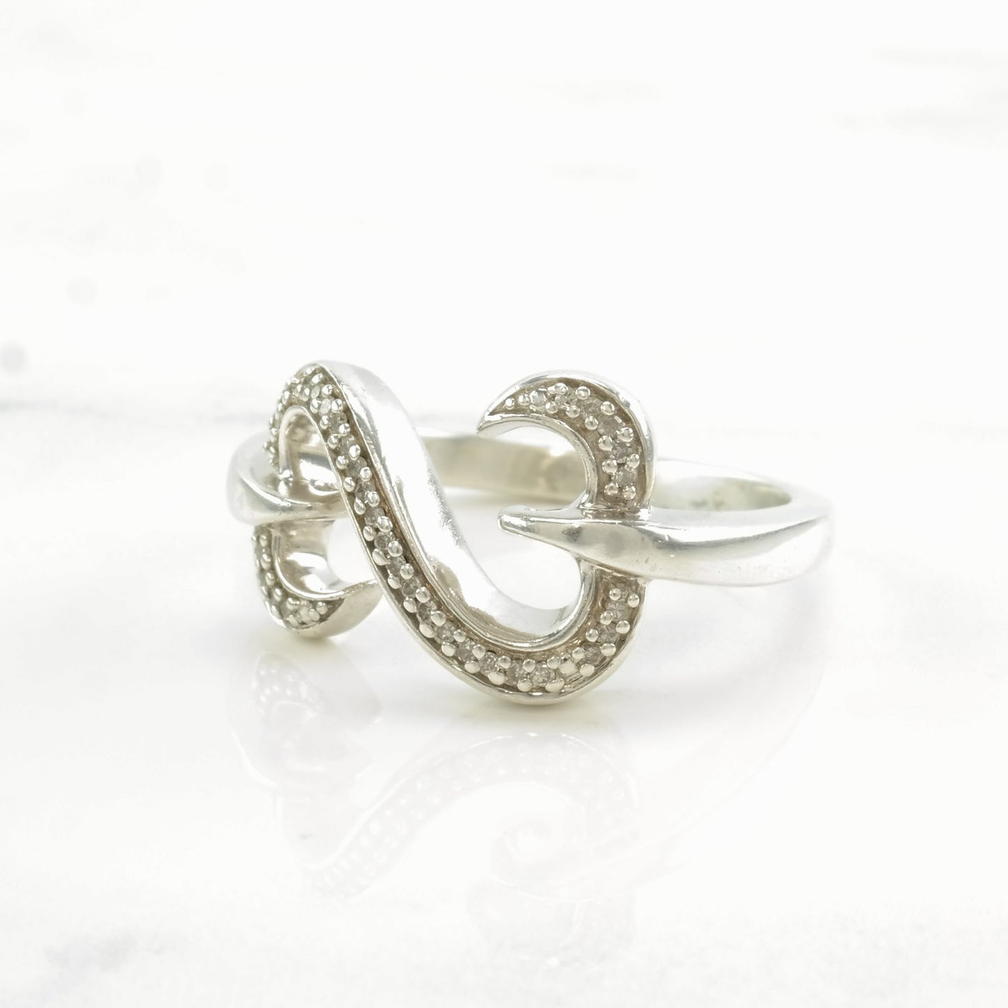 Vintage Sterling Silver Ring Diamond Open Heart Size 10
