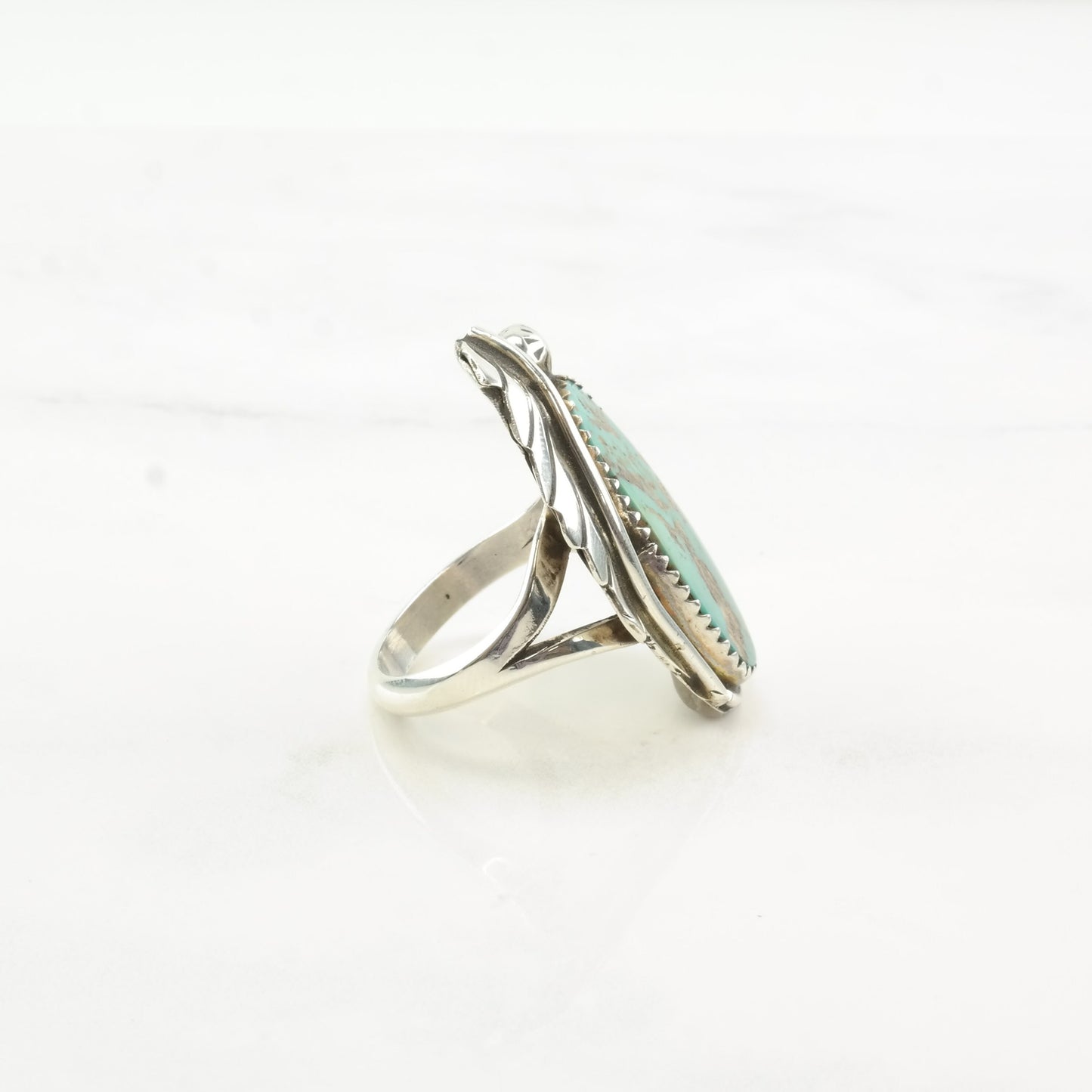 Vintage Native American Silver Ring Royston Turquoise Leaf Flower Sterling Size 7 3/4