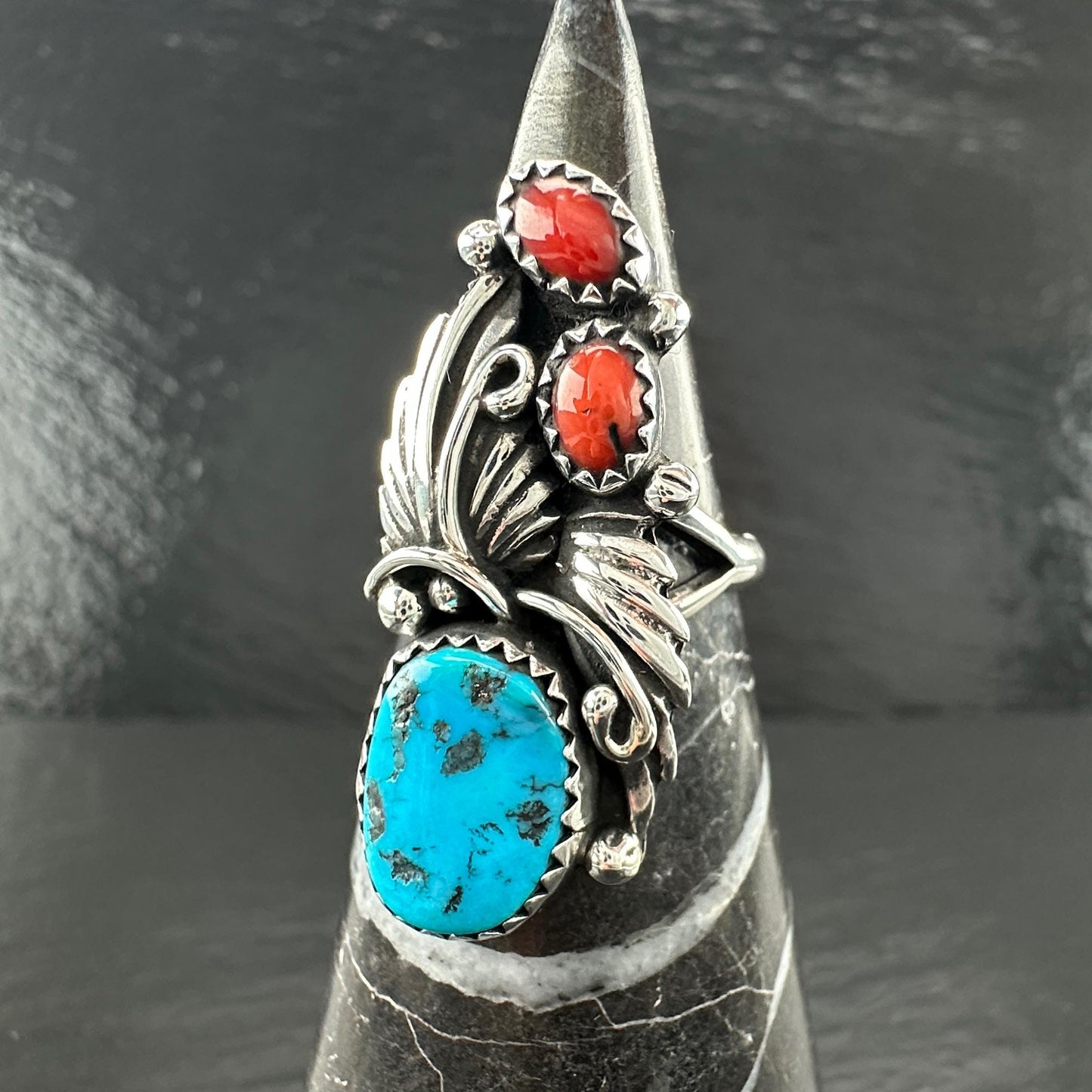 Native American Turquoise, Coral Ring Sterling Silver