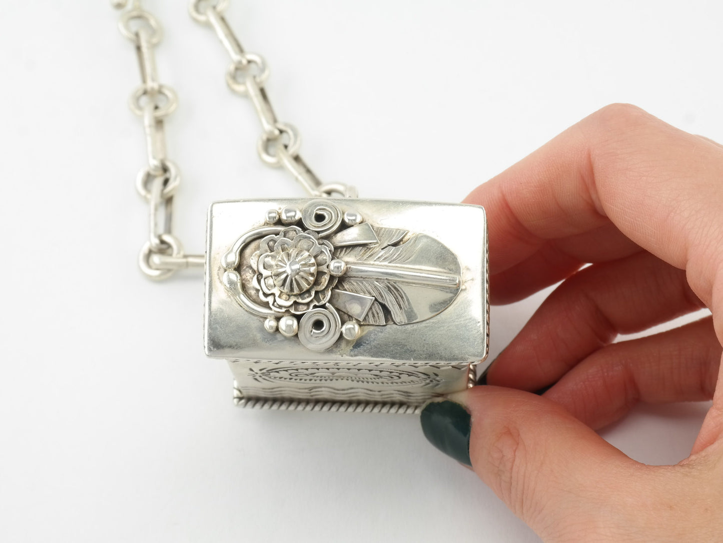 Vintage Ben Begay Trinket Box, Stamped Sterling Silver, Feather Necklace