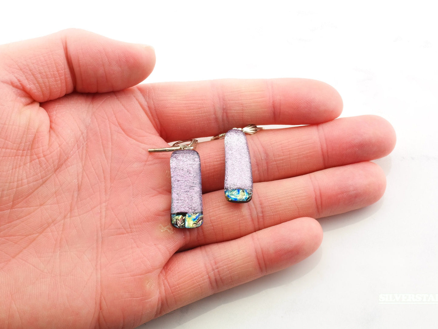 Sterling Silver Purple Blue Yellow Fused Glass Earrings