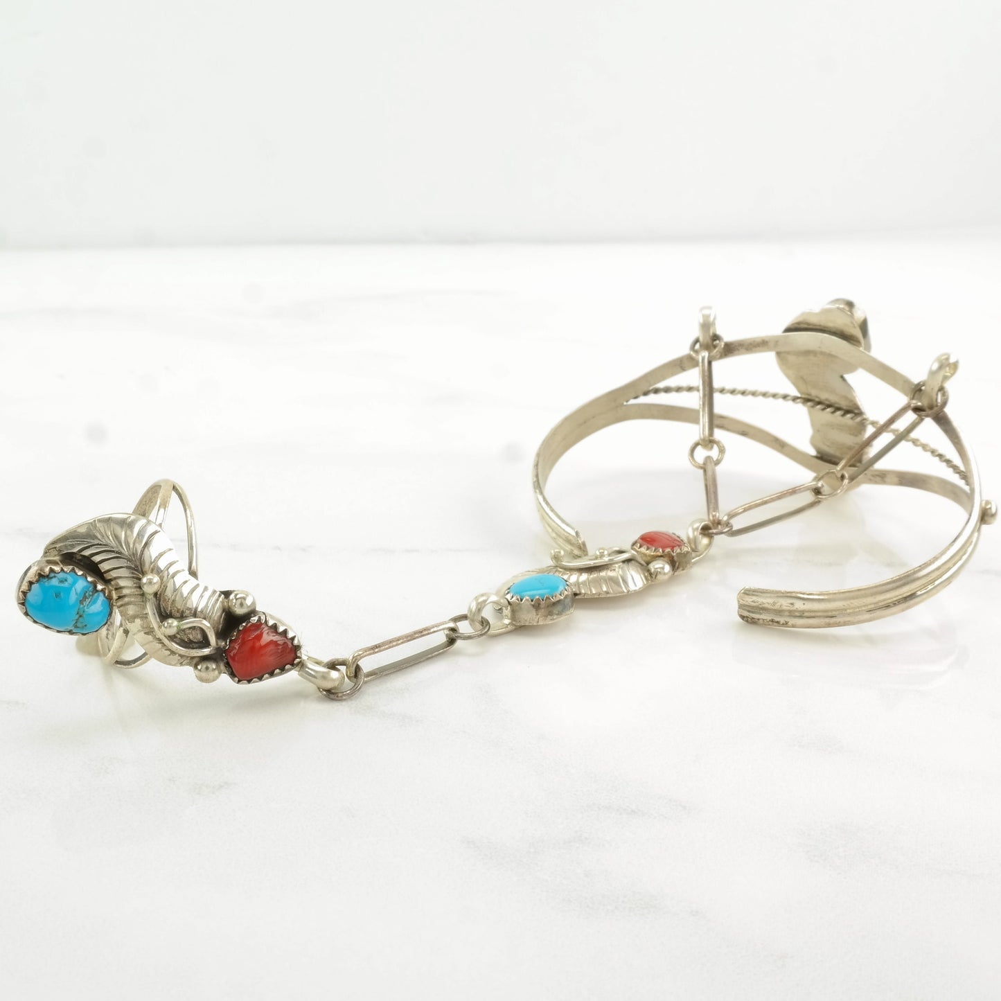 Native American Sterling Silver Cuff Bracelet with Ring, Turquoise & Coral, Southwestern Jewelry, Size 6 Wrist