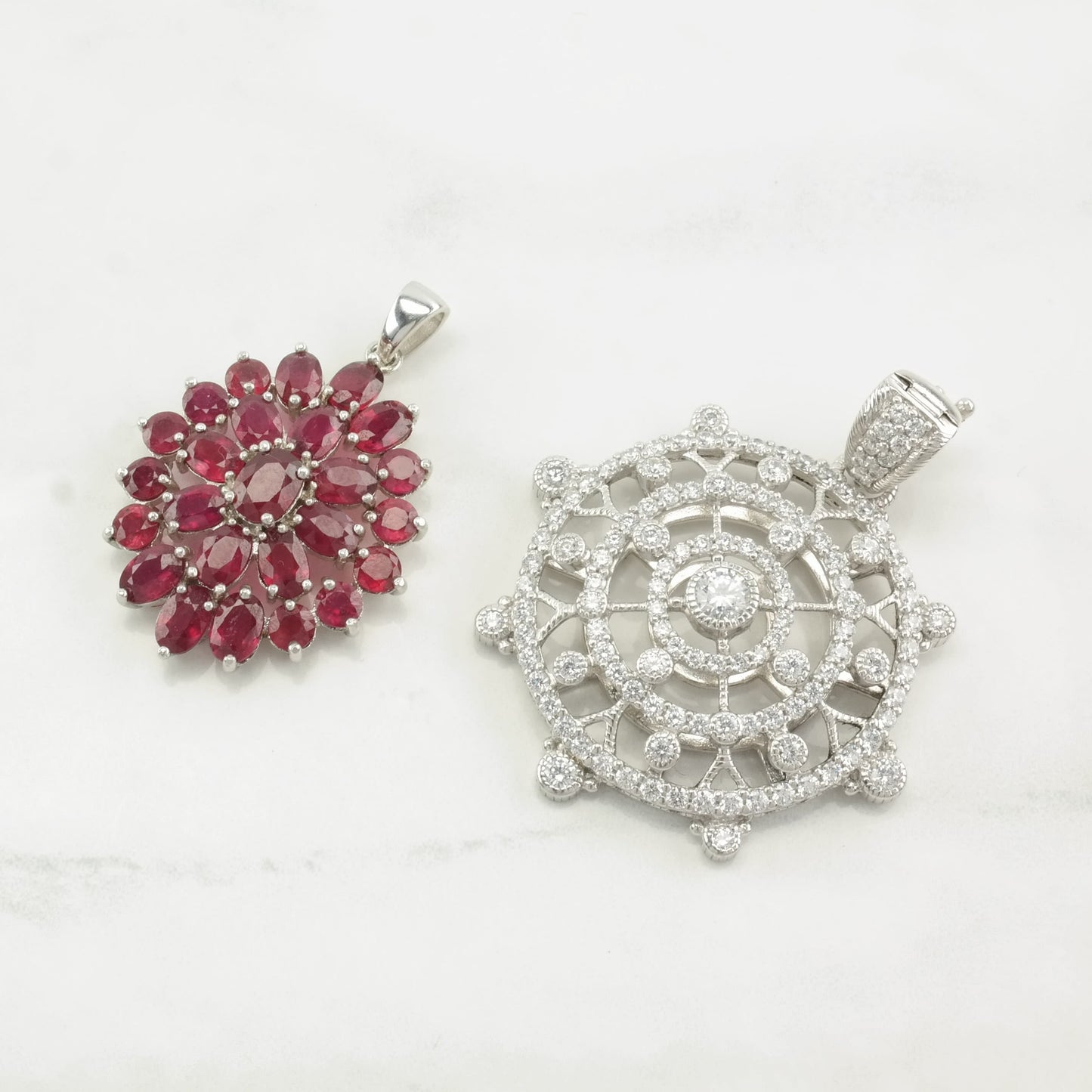Vintage Ruby, CZ Cluster Sterling Silver Pendant