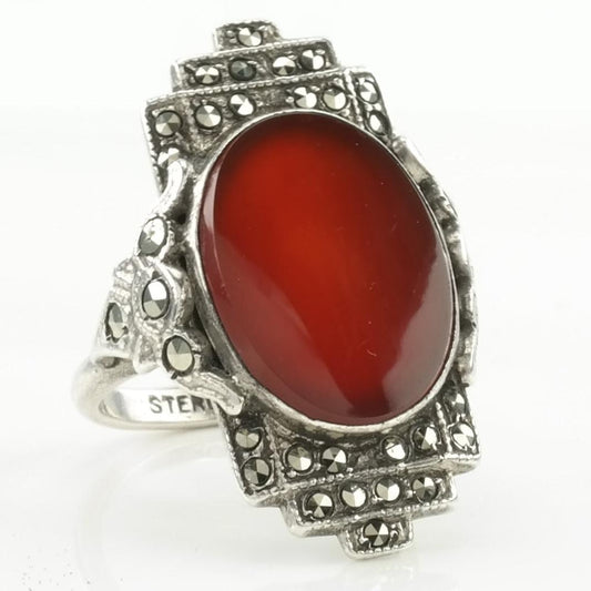 Vintage Art Deco Silver Ring Carnelian Marcasite Sterling Red Size 4 1/4