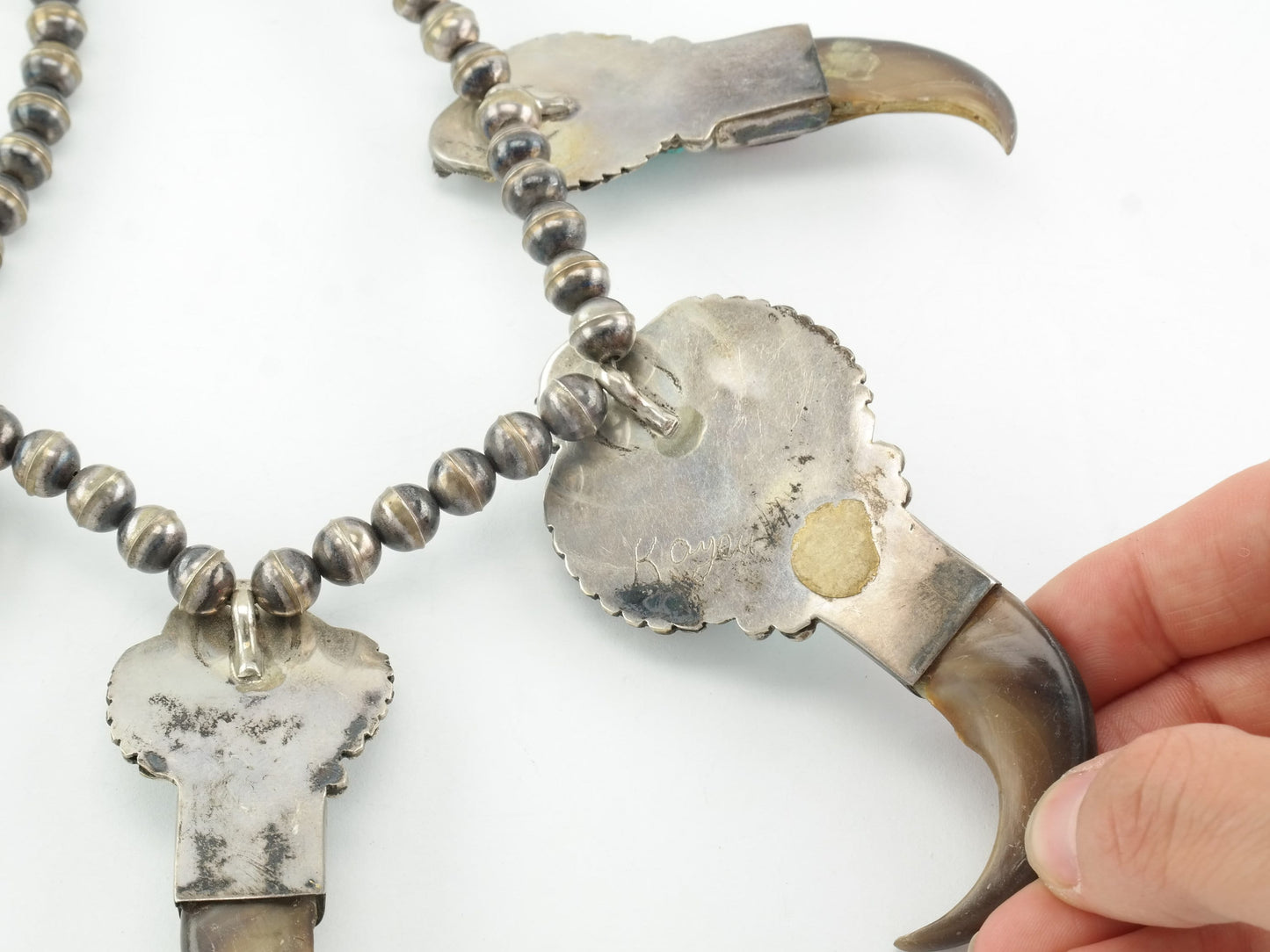 Native American Sterling Silver Turquoise, Coral, Floral, Feather Necklace