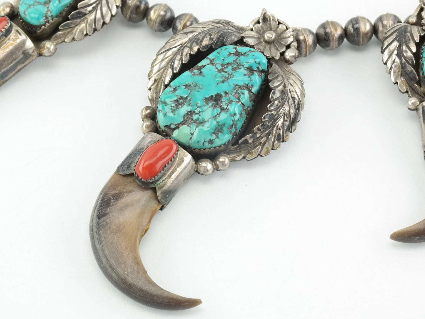 Native American Sterling Silver Turquoise, Coral, Floral, Feather Necklace