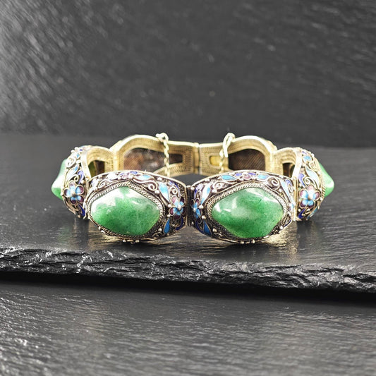 Chinese Export Gold Gilded, Enamel Bracelet Sterling Silver