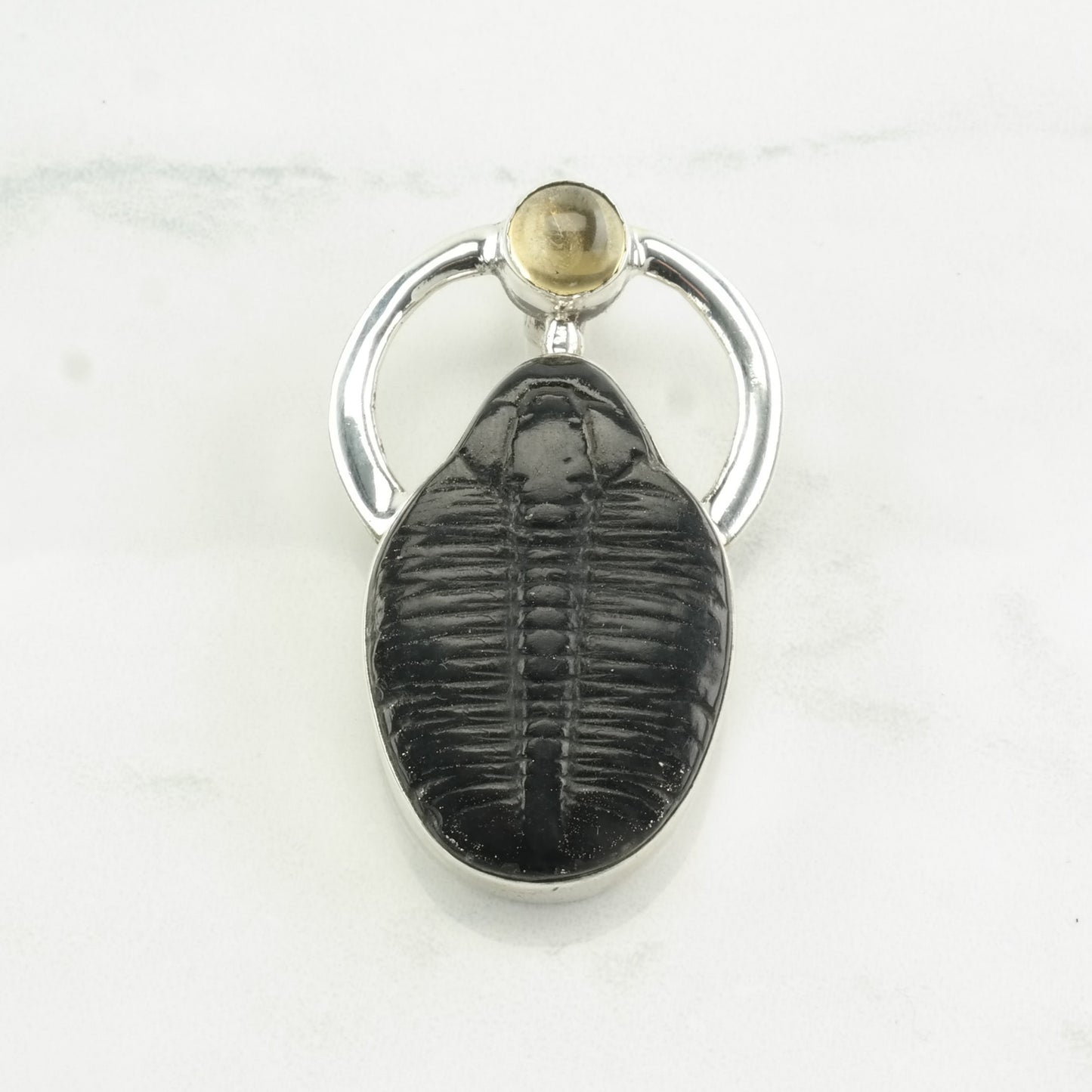 Vintage Sj Trilobite Fossil Citrine Sterling Silver Pendant